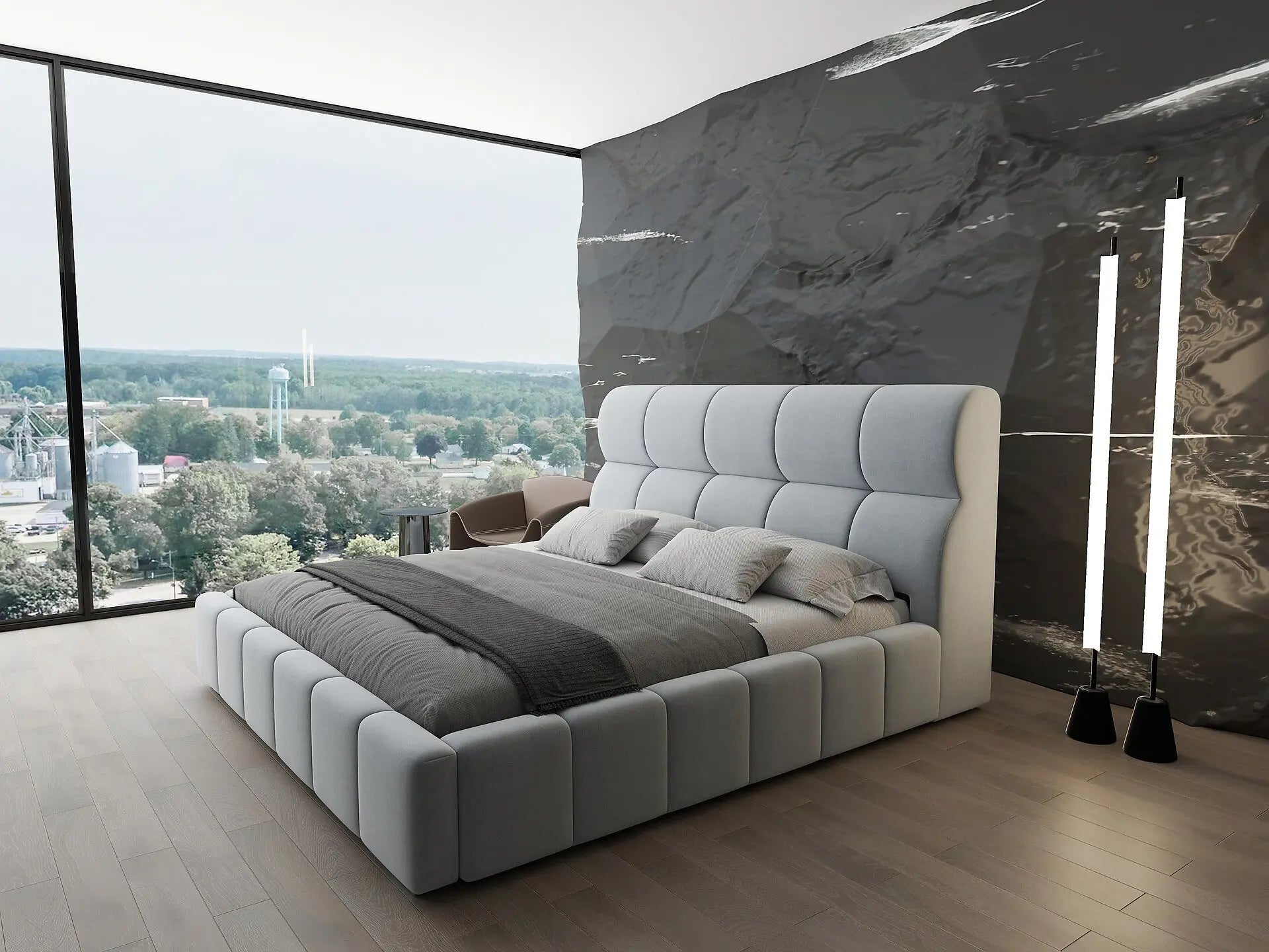 Pat dormitor dumonde, tapitat gri, Prestige 160x200 cm, somiera rabatabila inclusa, spatiu depozitare
