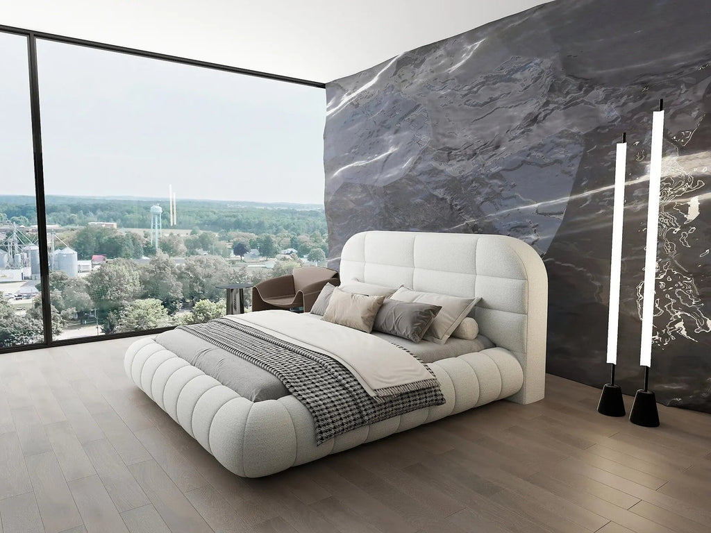 Pat dormitor dumonde, tapitat alb, Senso 160x200 cm, somiera rabatabila inclusa, spatiu depozitare