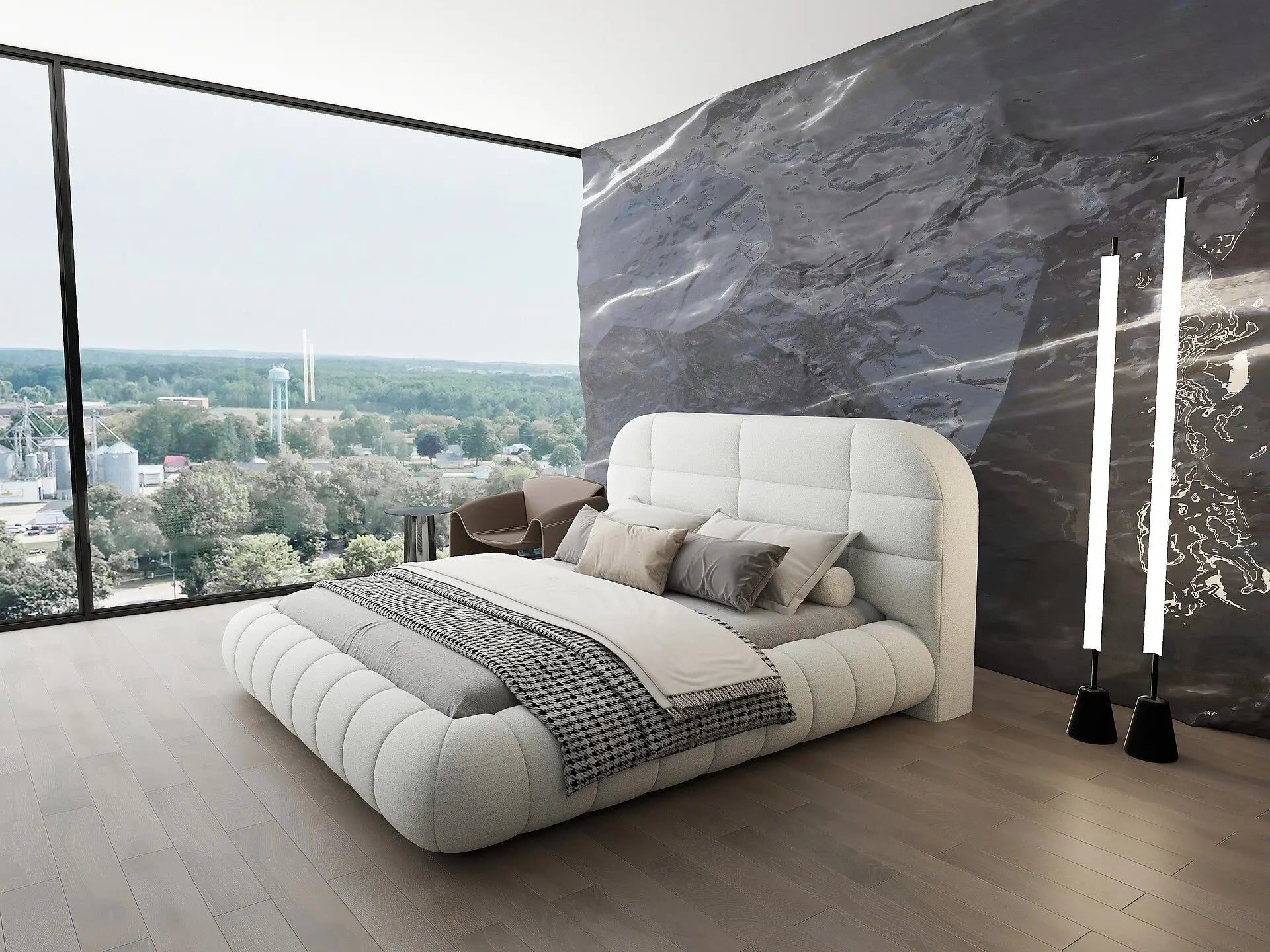 Pat dormitor dumonde, tapitat alb, Senso 160x200 cm, somiera rabatabila inclusa, spatiu depozitare
