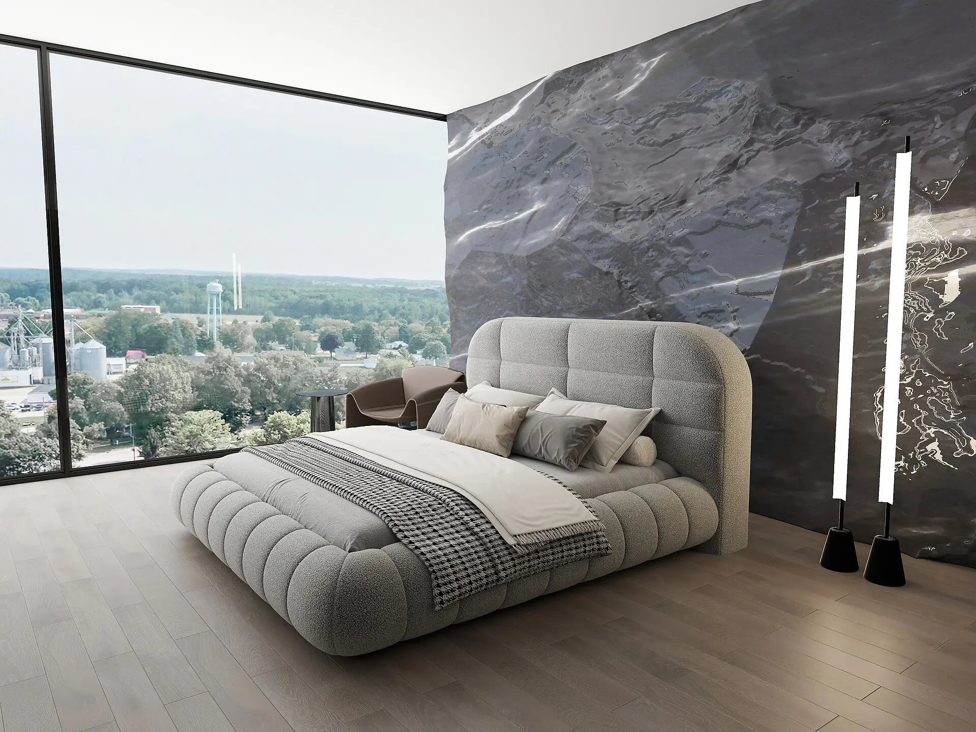 Pat dormitor dumonde, tapitat gri, Senso 160x200 cm, somiera rabatabila inclusa, spatiu depozitare
