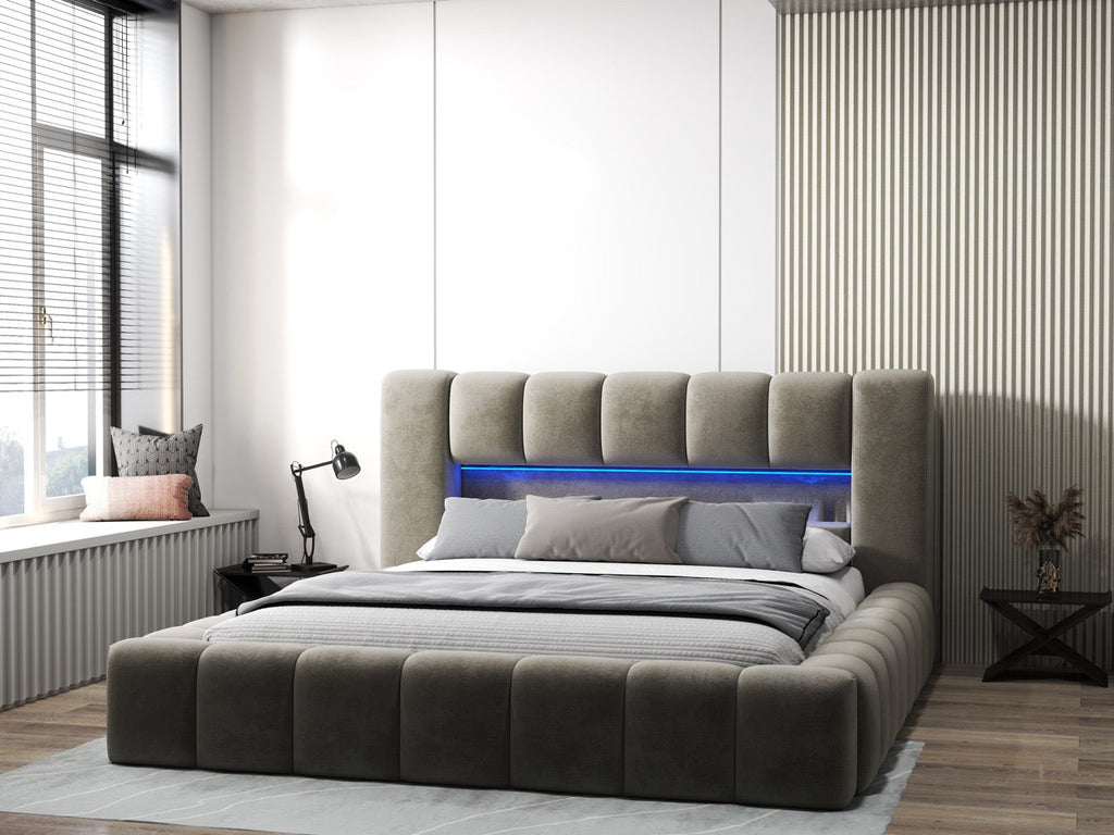 Pat dormitor dumonde, tapitat bej cu LED si USB, Palermo 160x200 cm, somiera rabatabila inclusa, spatiu depozitare