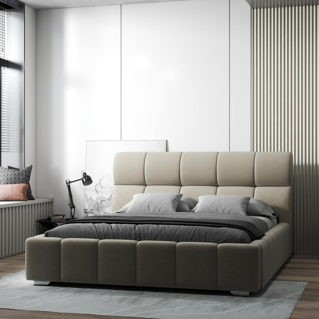 Pat dormitor dumonde, tapitat bej, Prestige 160x200 cm, somiera rabatabila inclusa, spatiu depozitare
