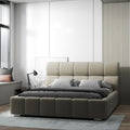 Pat dormitor dumonde, tapitat bej, Prestige 160x200 cm, somiera rabatabila inclusa, spatiu depozitare