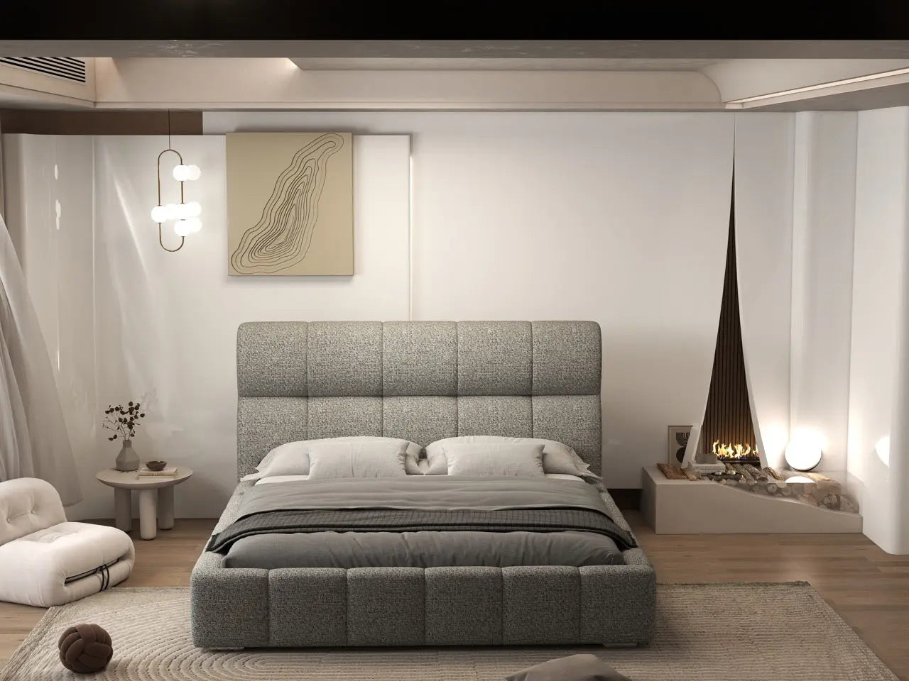 Pat dormitor dumonde, tapitat bej, Prestige 180x200 cm, somiera rabatabila inclusa, spatiu depozitare