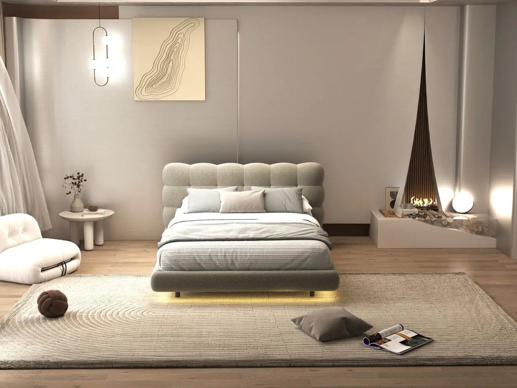 Pat dormitor dumonde, tapitat bej cu LED, "floating bed" Cloud 160x200 cm, somiera inclusa