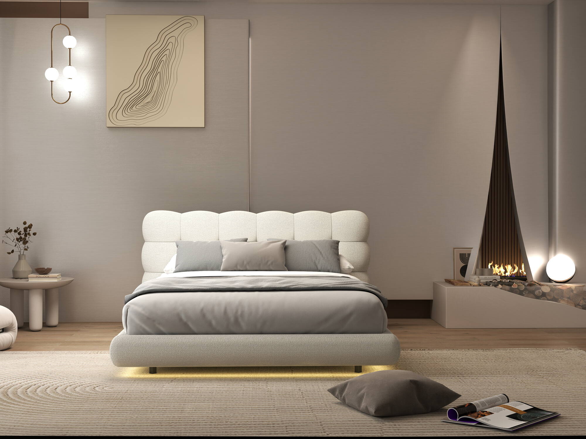 Pat dormitor dumonde, tapitat bej, Cloud 160x200 cm, somiera rabatabila inclusa, spatiu depozitare