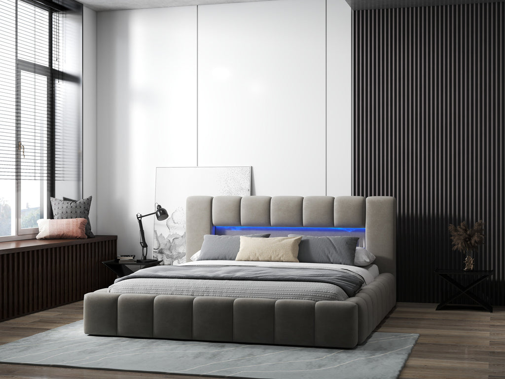 Pat dormitor dumonde, tapitat bej cu LED si USB, Palermo 180x200 cm, somiera rabatabila inclusa, spatiu depozitare