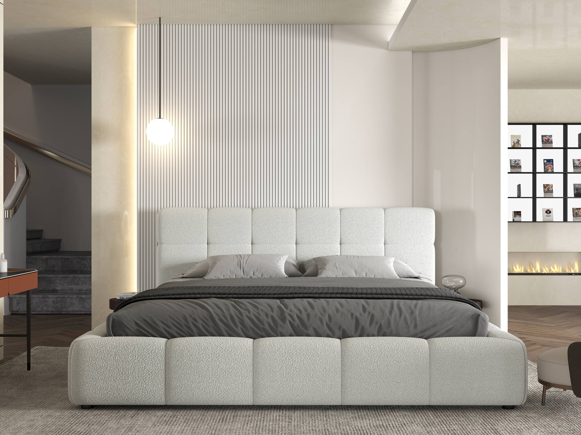 Pat dormitor dumonde, tapitat bej, Lorenzo 180X200 cm, somiera rabatabila inclusa, spatiu depozitare