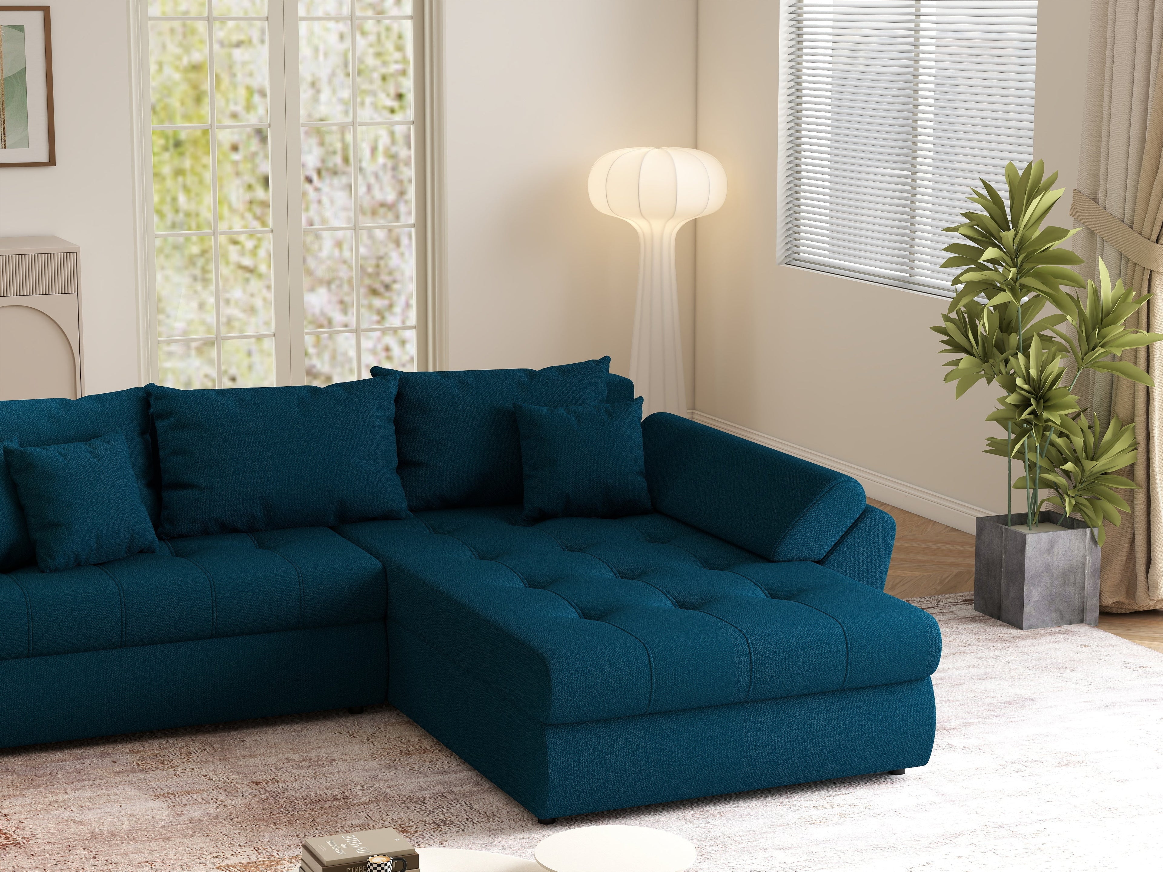 Colțar extensibil dumonde cu ladă de depozitare si sezut confortabil din spuma high-density, Loana Enjoy Petrol II 270x185 cm