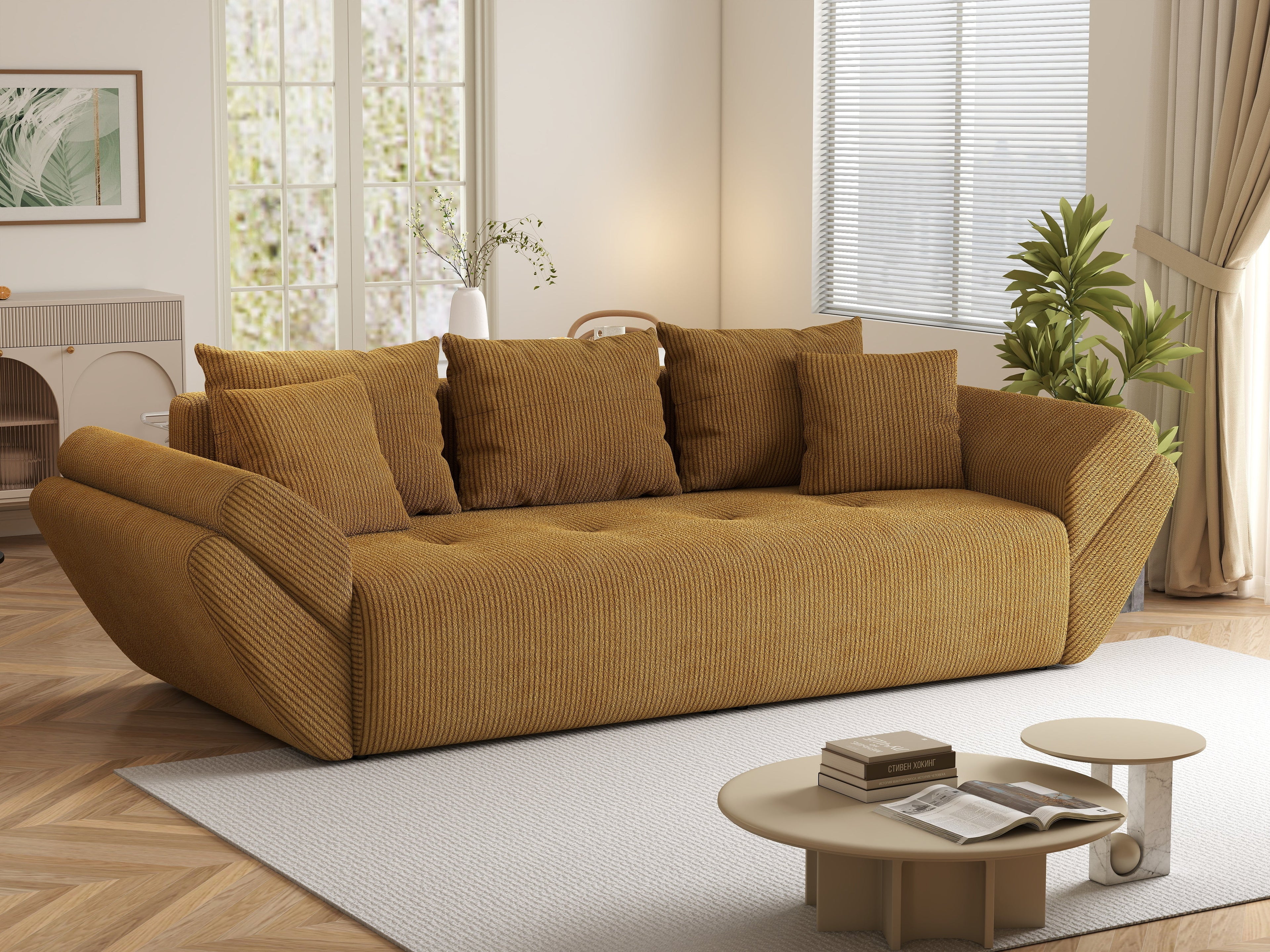 Canapea extensibilă dumonde cu ladă de depozitare si sezut confortabil din spuma high-density, Berlin Zoom Mustar 250x100 cm