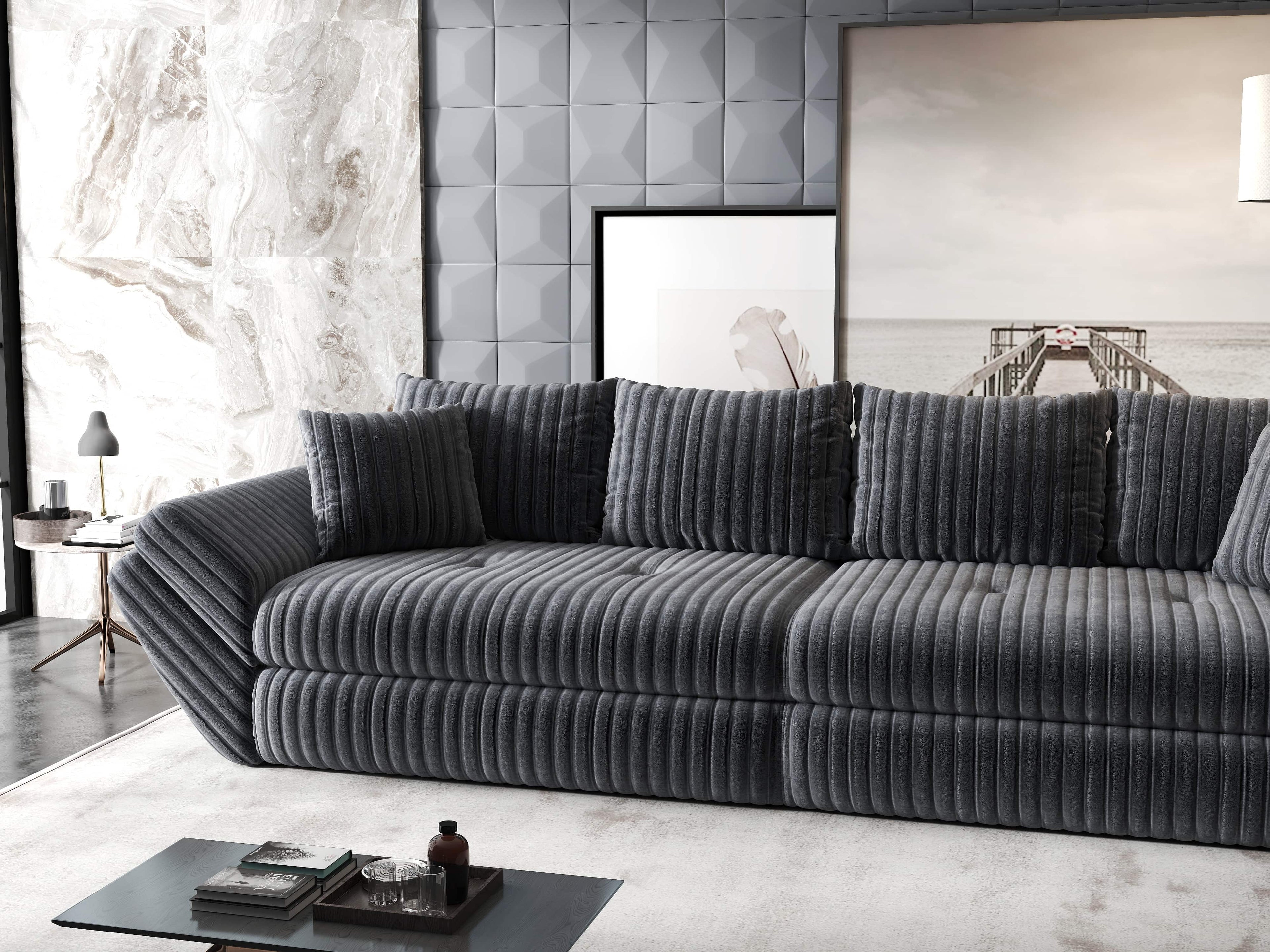 Canapea extensibilă dumonde cu ladă de depozitare si sezut confortabil din spuma high-density, Loana Ambience Gri 300x100 cm