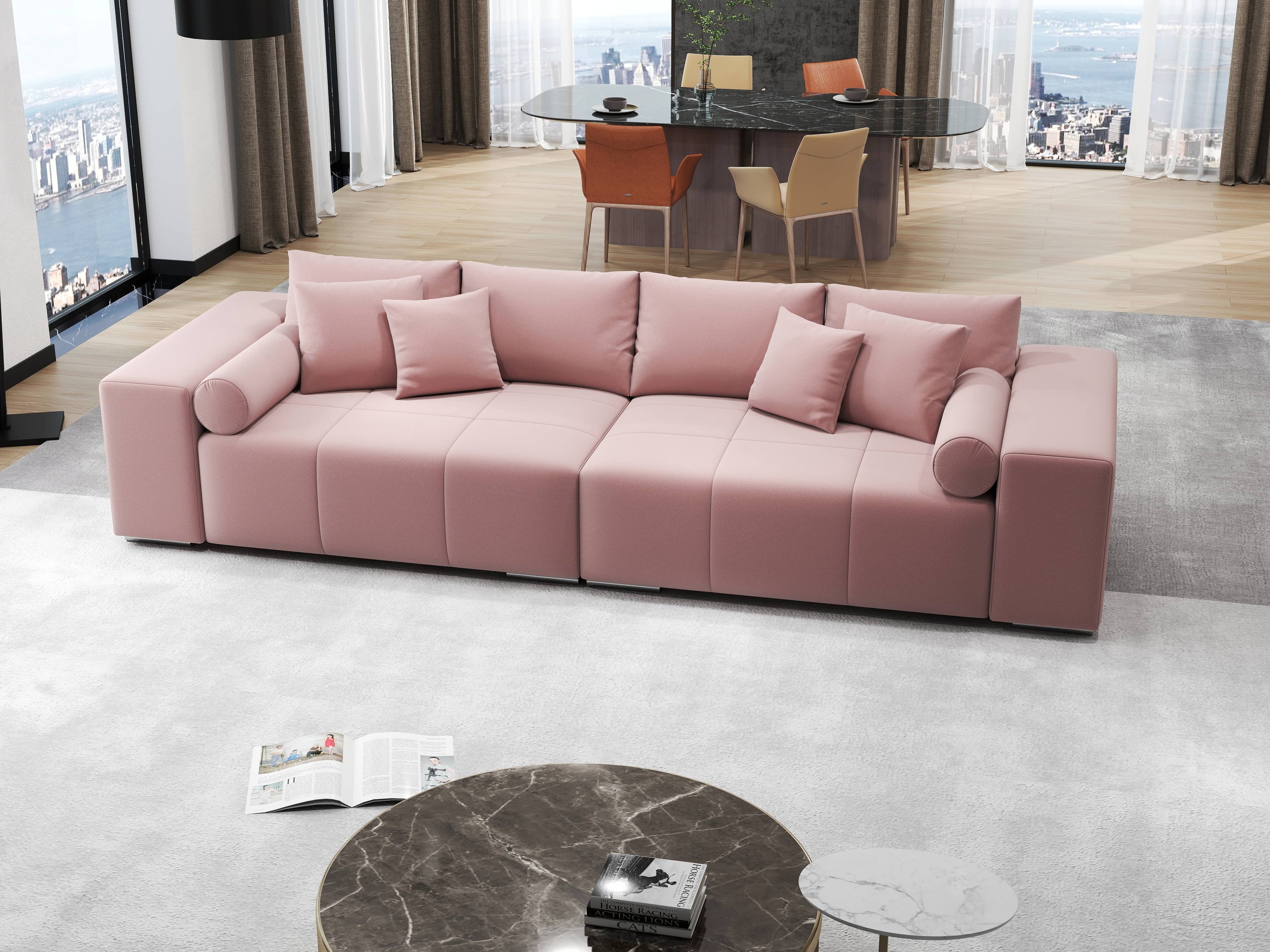 Canapea extensibilă dumonde cu ladă de depozitare si sezut confortabil din spuma high-density, Marbela Royal Roz XXL 295x100 cm