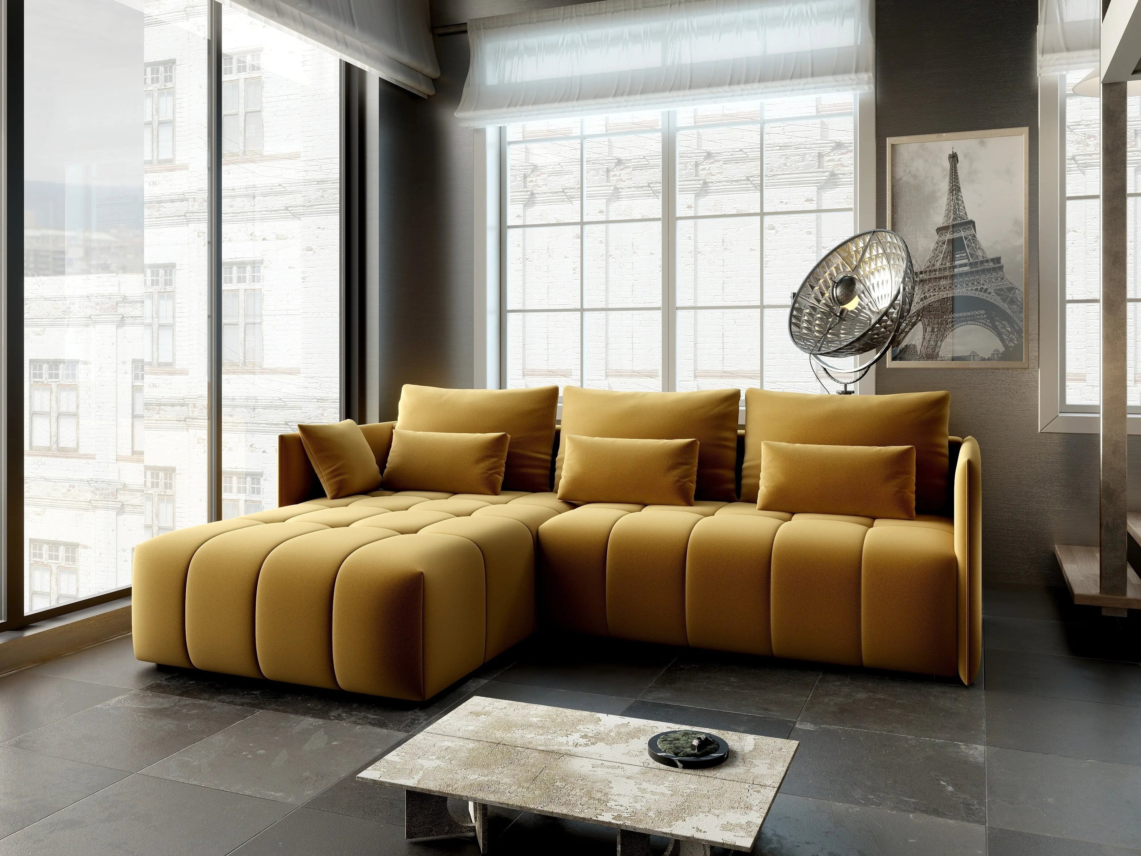 Colțar extensibil dumonde cu ladă de depozitare si sezut confortabil din spuma high-density, Malta Royal Muștar 235x185 cm