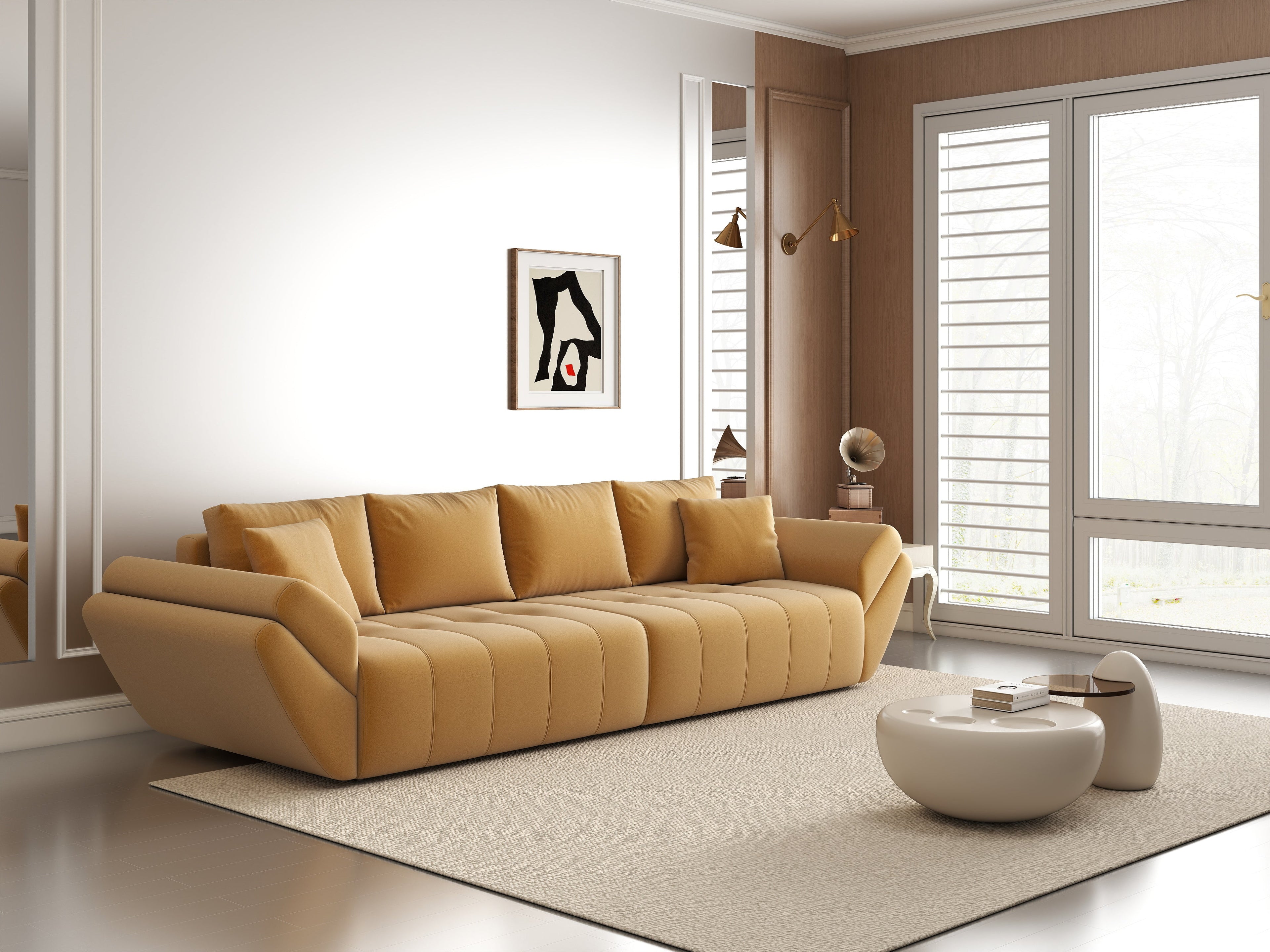 Canapea extensibilă dumonde cu ladă de depozitare si sezut confortabil din spuma high-density, Berlin Royal Mustar 300x100 cm
