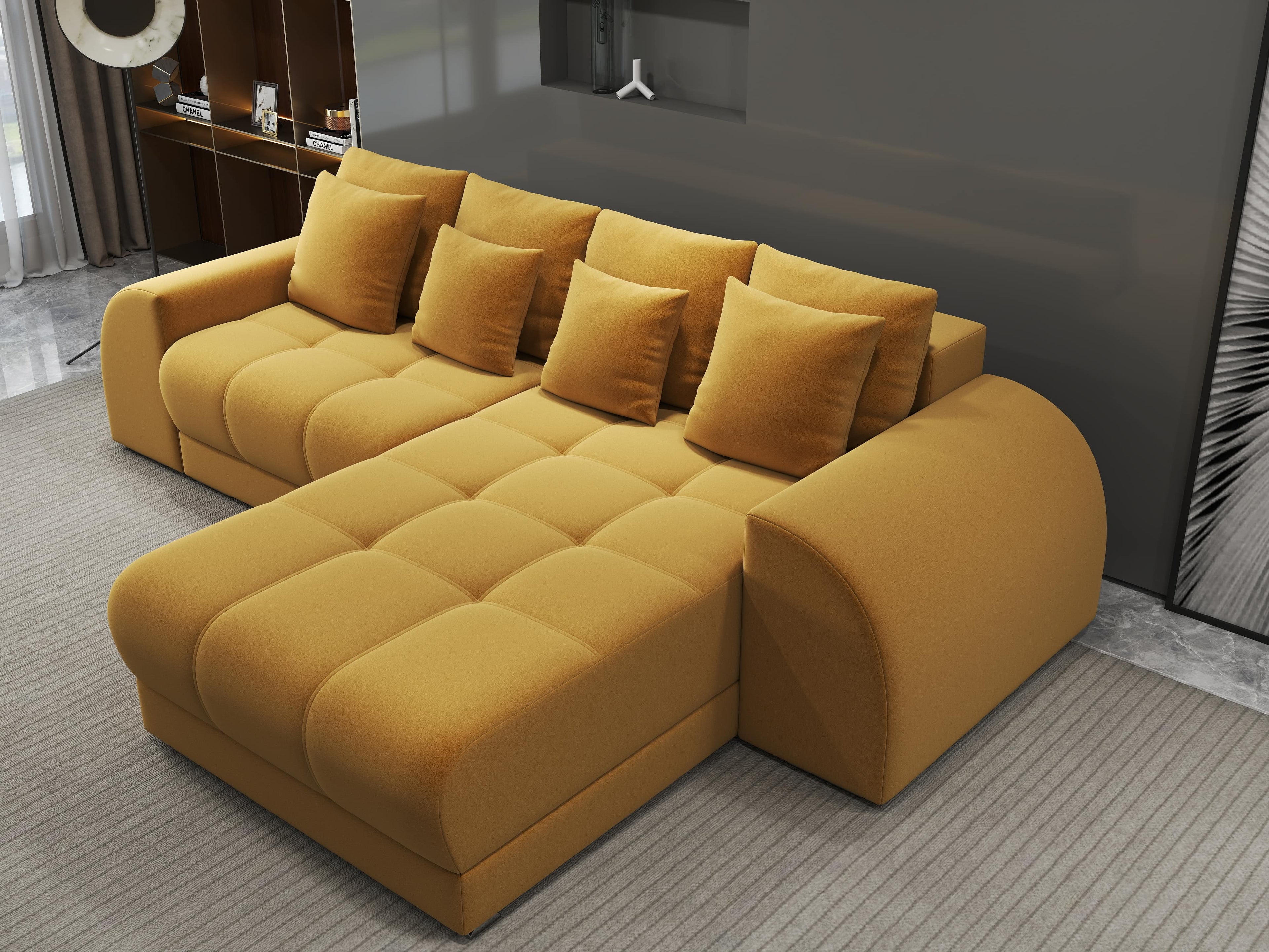 Colțar extensibil dumonde cu ladă de depozitare si sezut confortabil din spuma high-density, Verona Royal Mustar II 290x185 cm