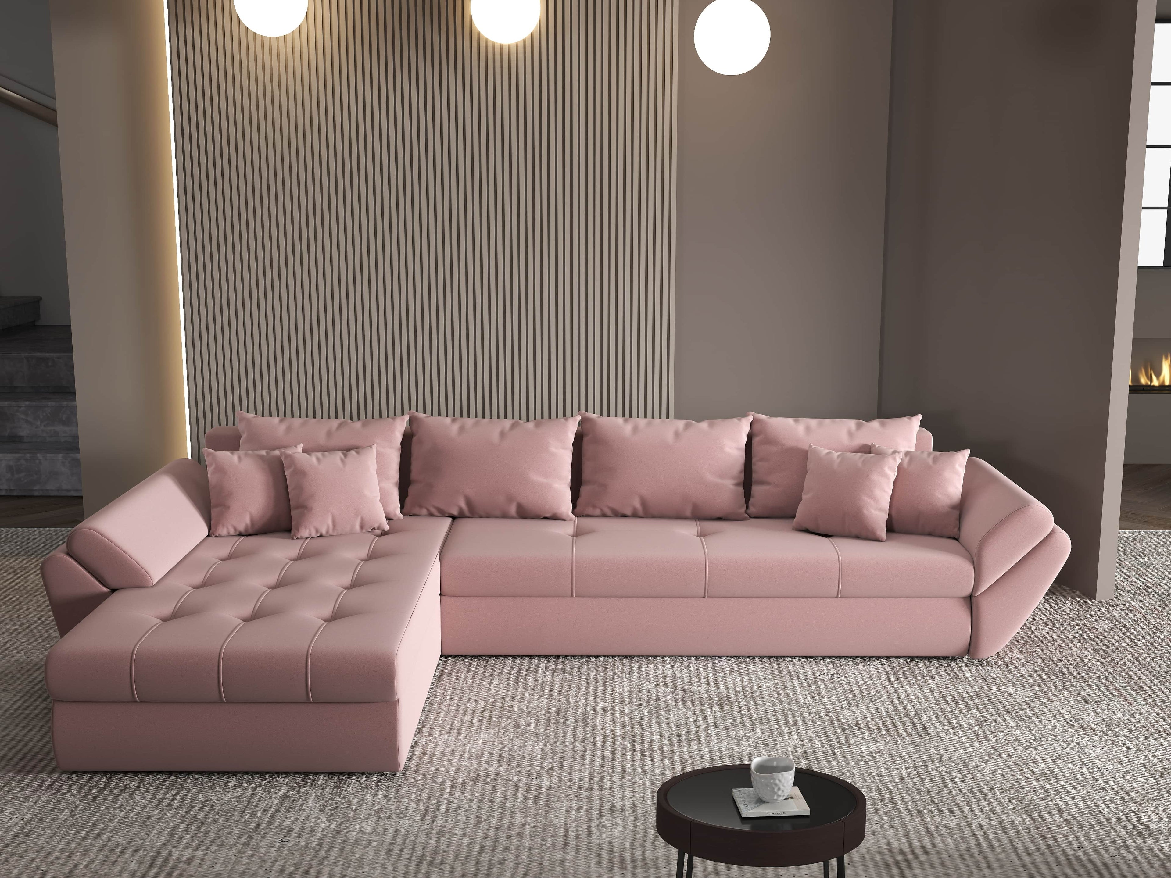 Colțar extensibil dumonde cu ladă de depozitare si sezut confortabil din spuma high-density, Loana XL Royal Roz 335x185 cm