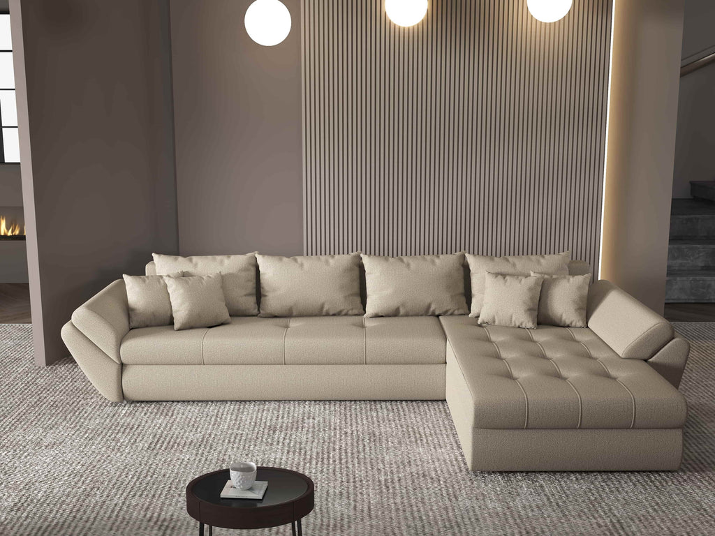 Colțar extensibil dumonde cu ladă de depozitare si sezut confortabil din spuma high-density, Loana XL Enjoy Camel II 335x185 cm