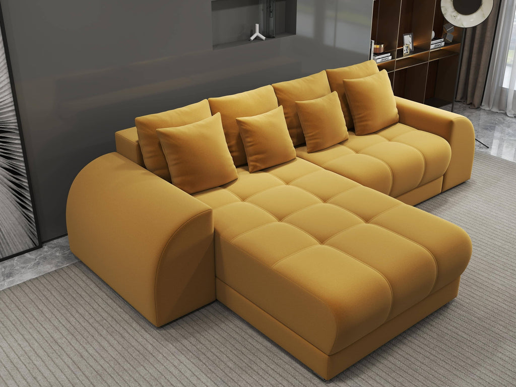 Colțar extensibil dumonde cu ladă de depozitare si sezut confortabil din spuma high-density, Verona Royal Mustar 290x185 cm
