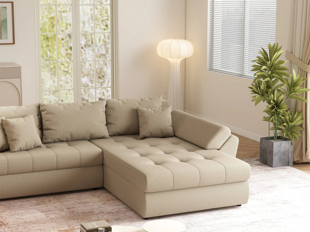 Colțar extensibil dumonde cu ladă de depozitare si sezut confortabil din spuma high-density, Loana Enjoy Camel 270x185 cm