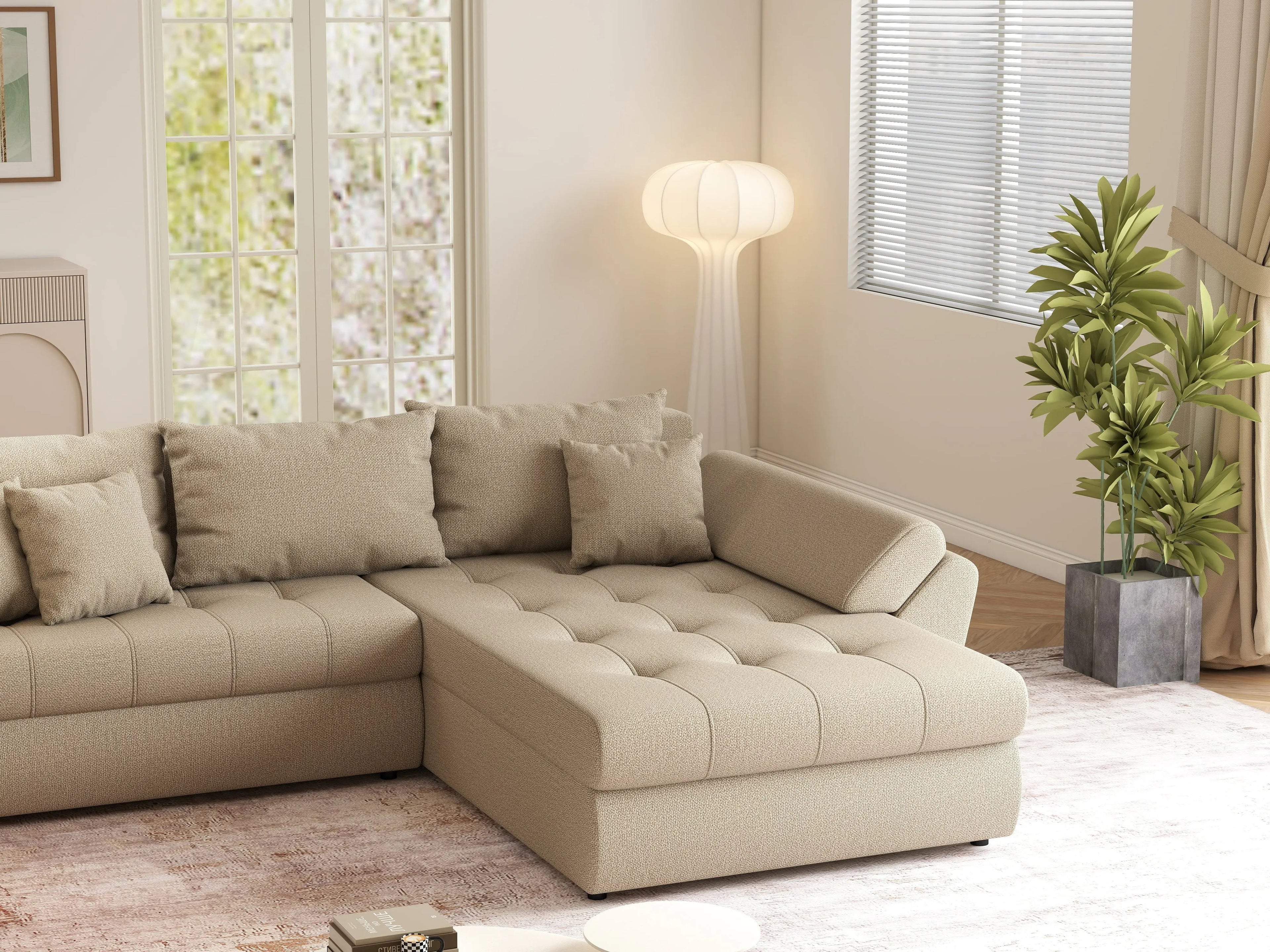 Colțar extensibil dumonde cu ladă de depozitare si sezut confortabil din spuma high-density, Loana Enjoy Camel 270x185 cm