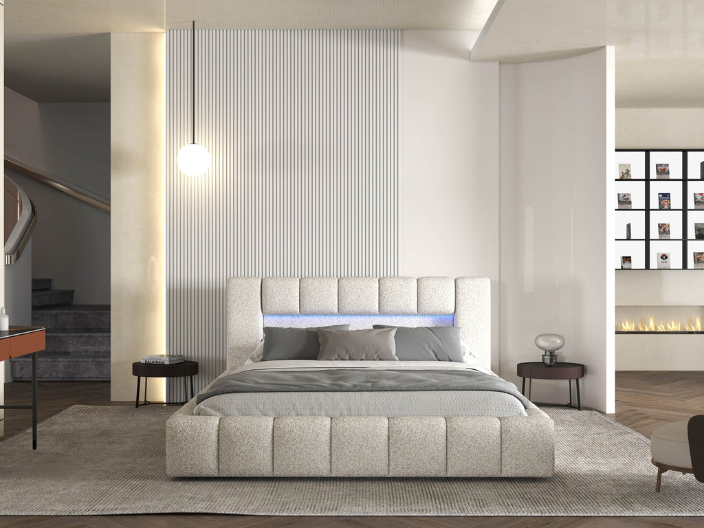 Pat dormitor dumonde, tapitat alb cu LED si USB, Palermo 180x200 cm, somiera rabatabila inclusa, spatiu depozitare