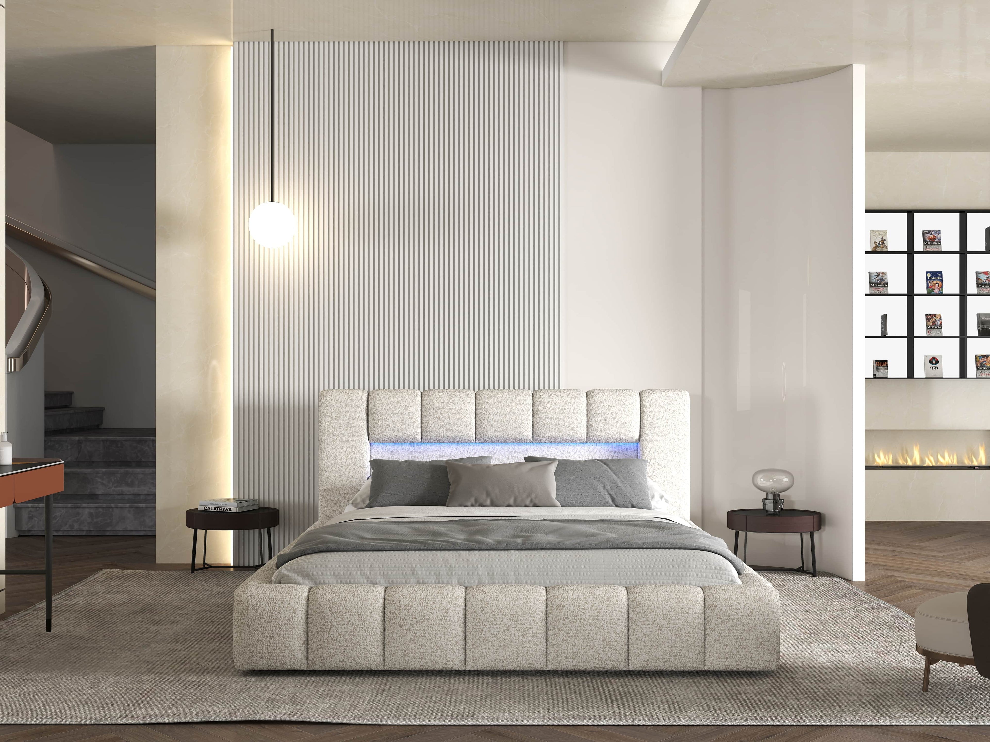 Pat dormitor dumonde, tapitat alb cu LED si USB, Palermo 180x200 cm, somiera rabatabila inclusa, spatiu depozitare