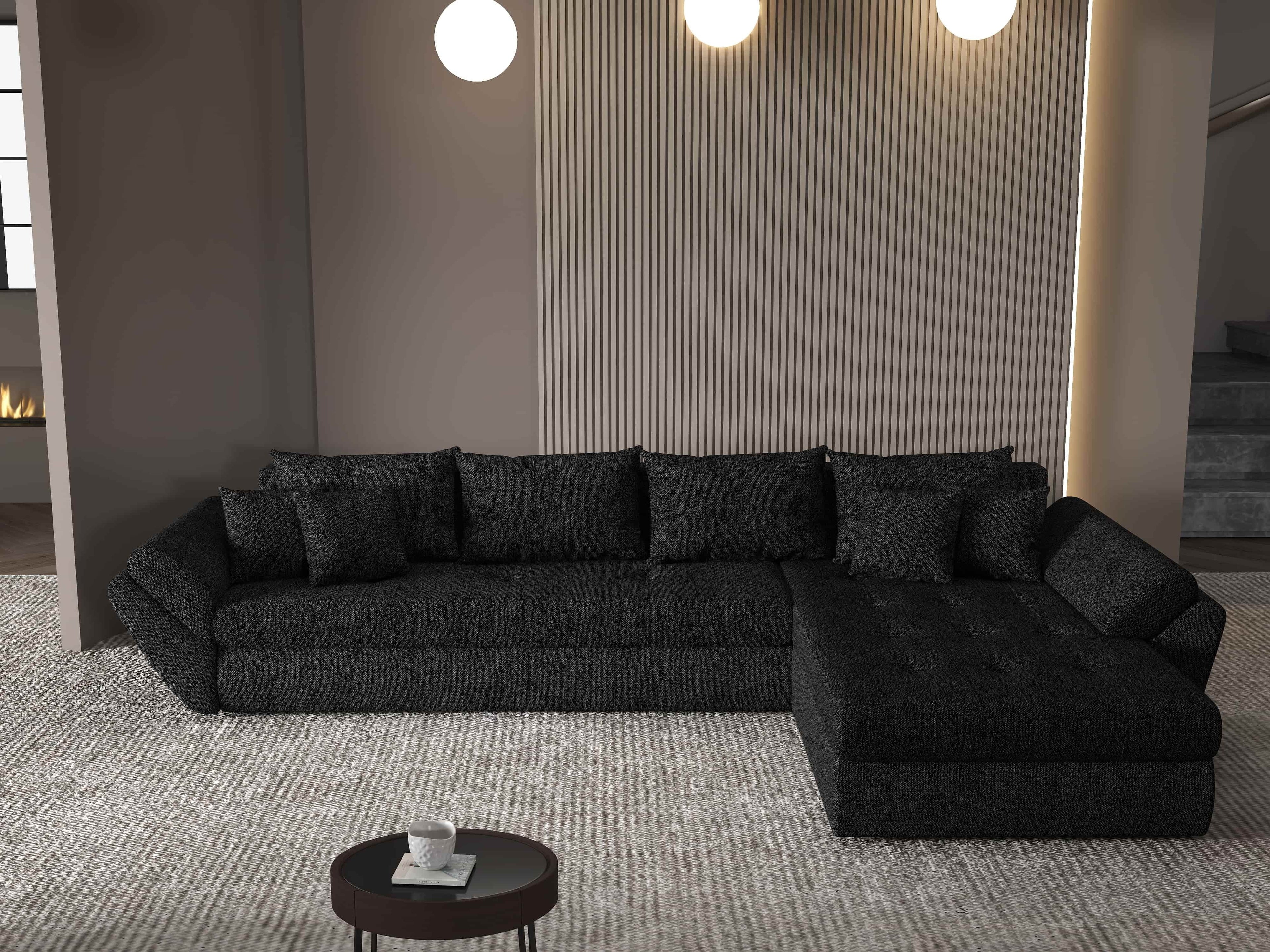 Colțar extensibil dumonde cu ladă de depozitare si sezut confortabil din spuma high-density, Loana XL Enjoy Negru II 335x185 cm