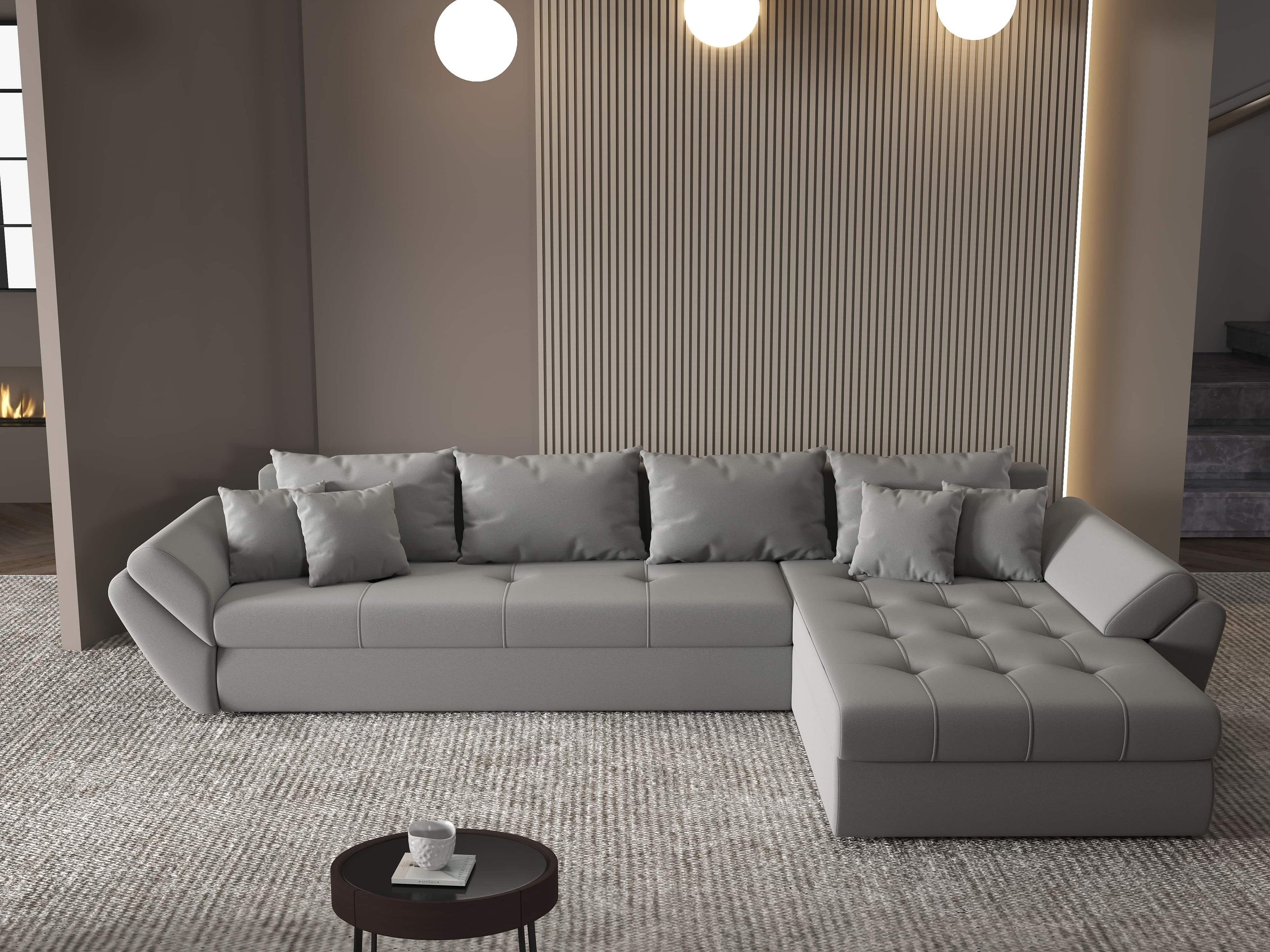 Colțar extensibil dumonde cu ladă de depozitare si sezut confortabil din spuma high-density, Loana XL Royal Gri II 335x185 cm