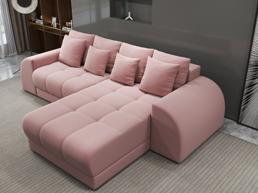 Colțar extensibil dumonde cu ladă de depozitare si sezut confortabil din spuma high-density, Verona Royal Roz II 290x185 cm