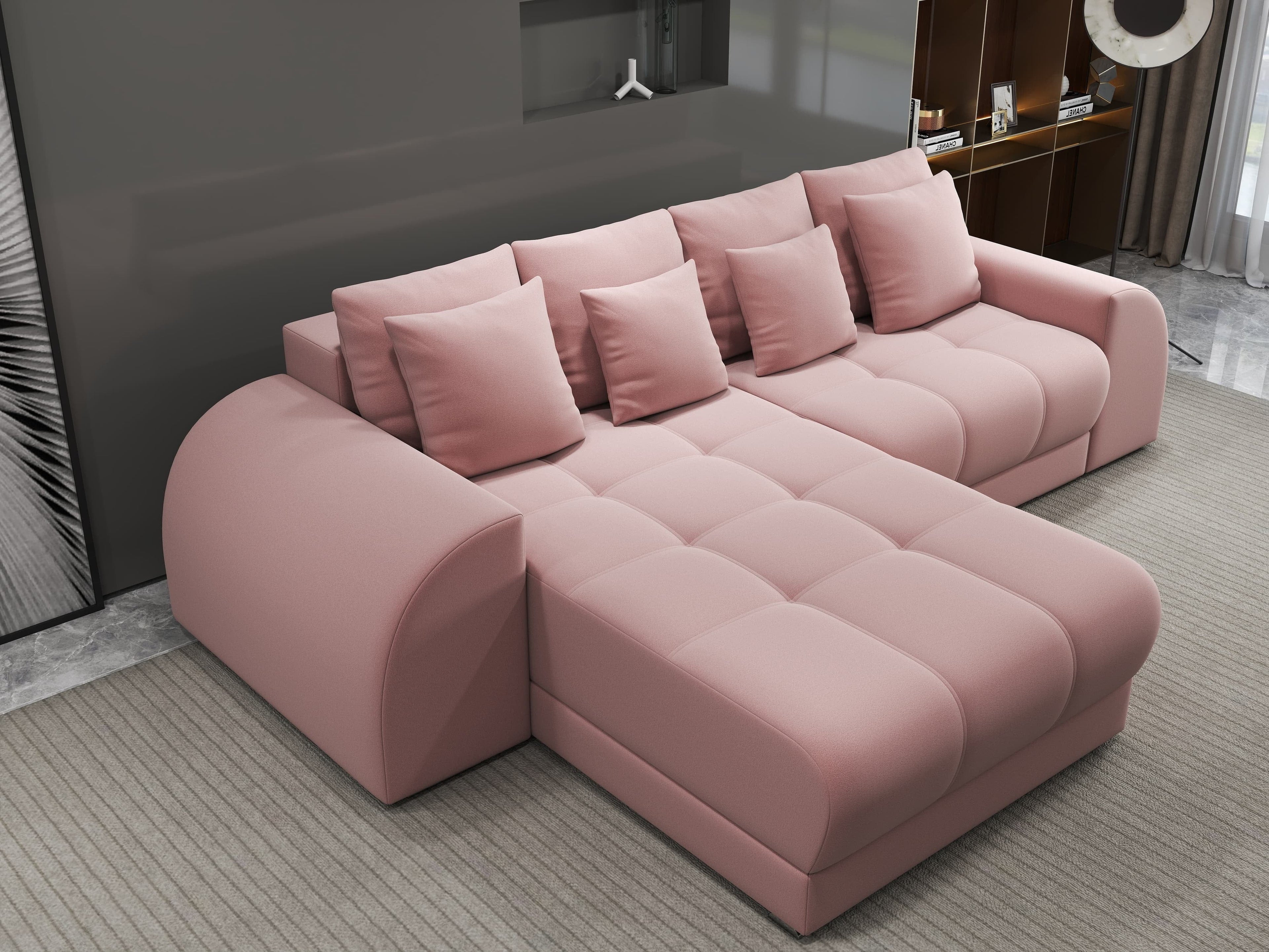 Colțar extensibil dumonde cu ladă de depozitare si sezut confortabil din spuma high-density, Verona Royal Roz 290x185 cm