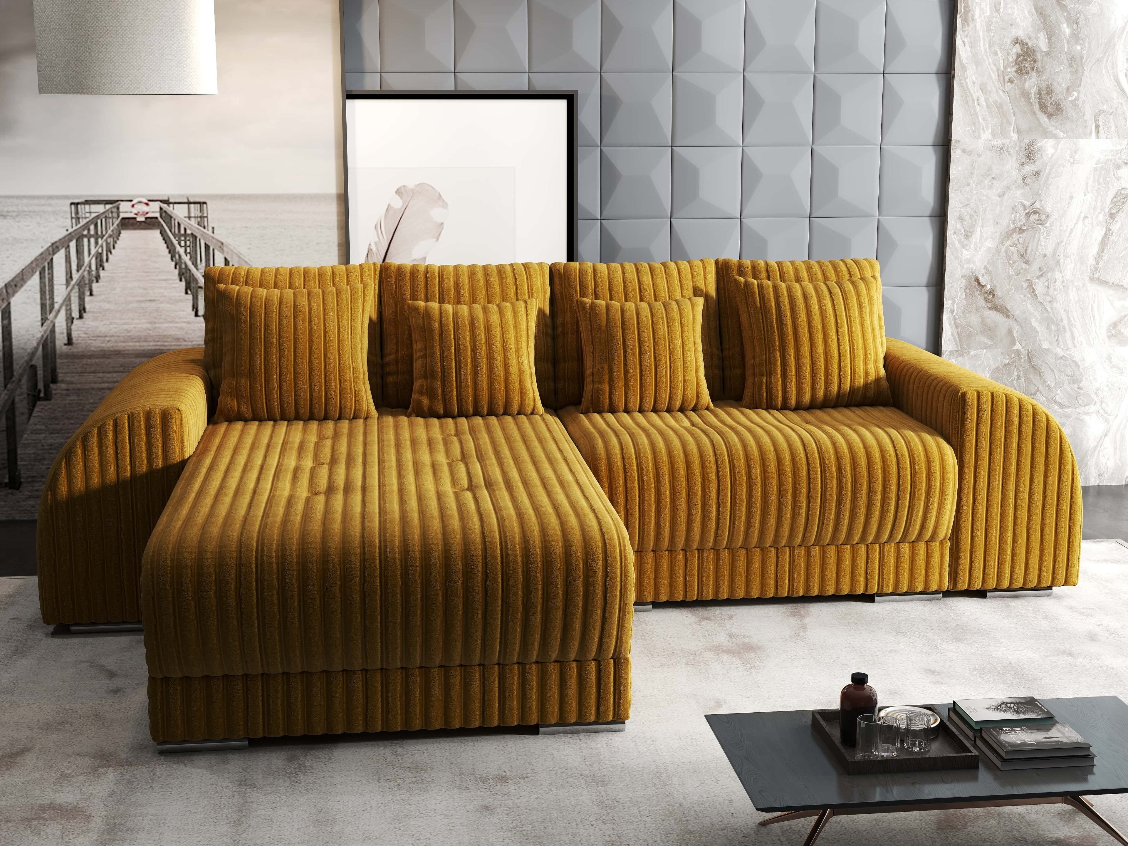 Colțar extensibil dumonde cu ladă de depozitare si sezut confortabil din spuma high-density, Verona Ambience Mustar 290x185 cm
