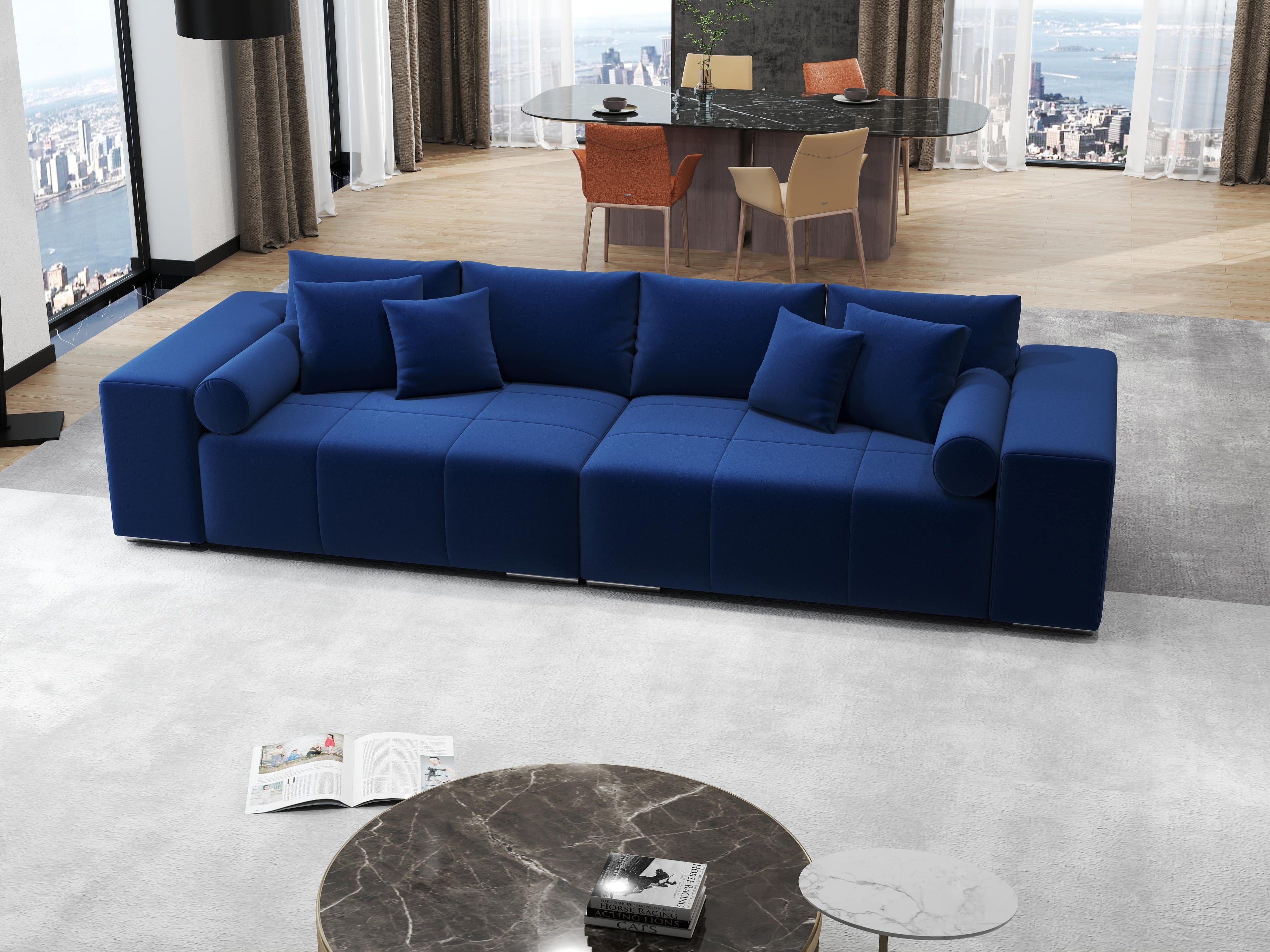 Canapea extensibilă dumonde cu ladă de depozitare si sezut confortabil din spuma high-density, Marbela Royal Blue XXL 295x100 cm