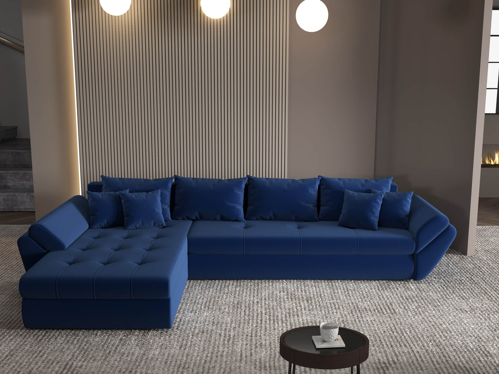 Colțar extensibil dumonde cu ladă de depozitare si sezut confortabil din spuma high-density, Loana XL Royal Albastru 335x185 cm