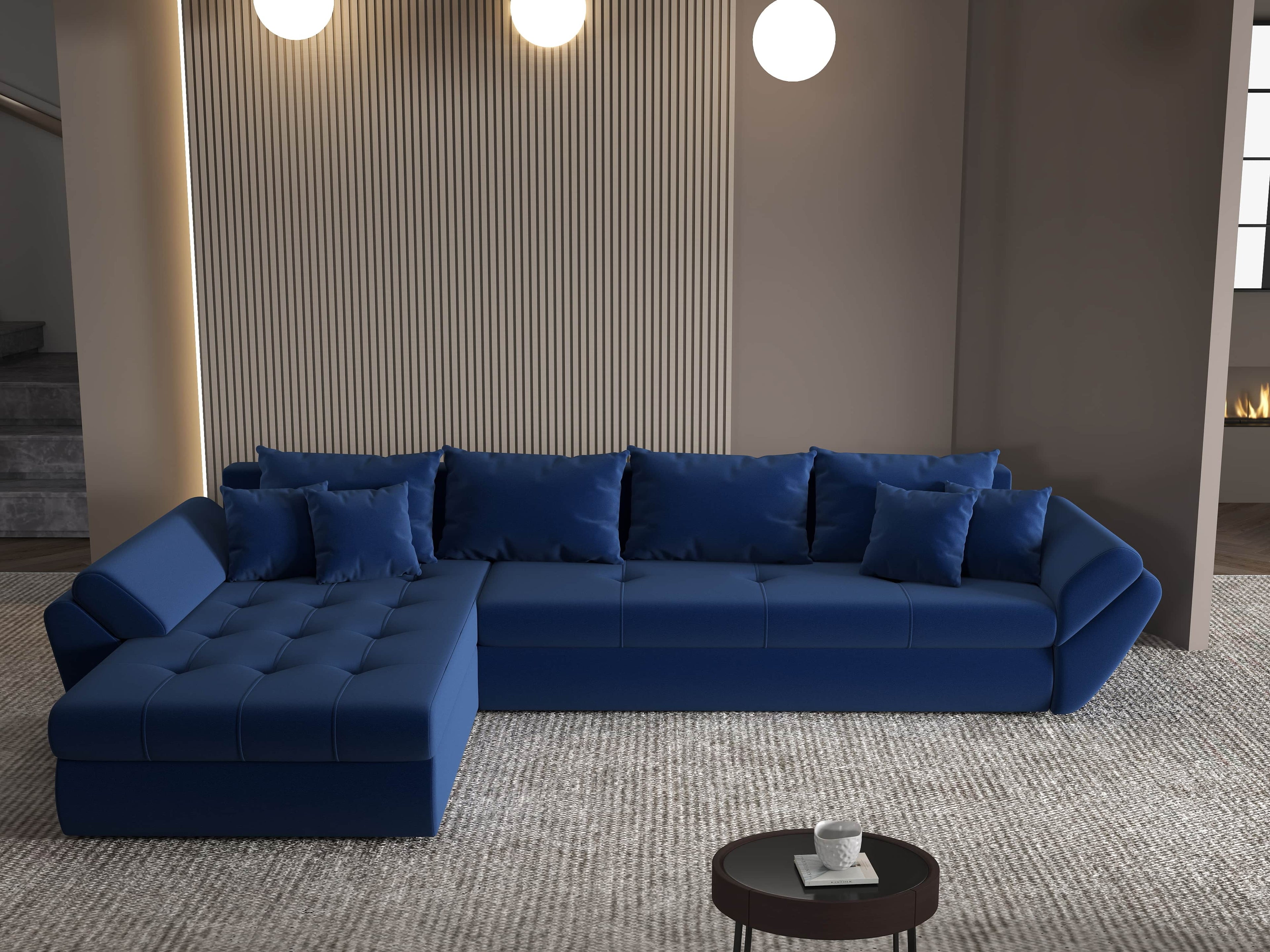 Colțar extensibil dumonde cu ladă de depozitare si sezut confortabil din spuma high-density, Loana XL Royal Albastru 335x185 cm