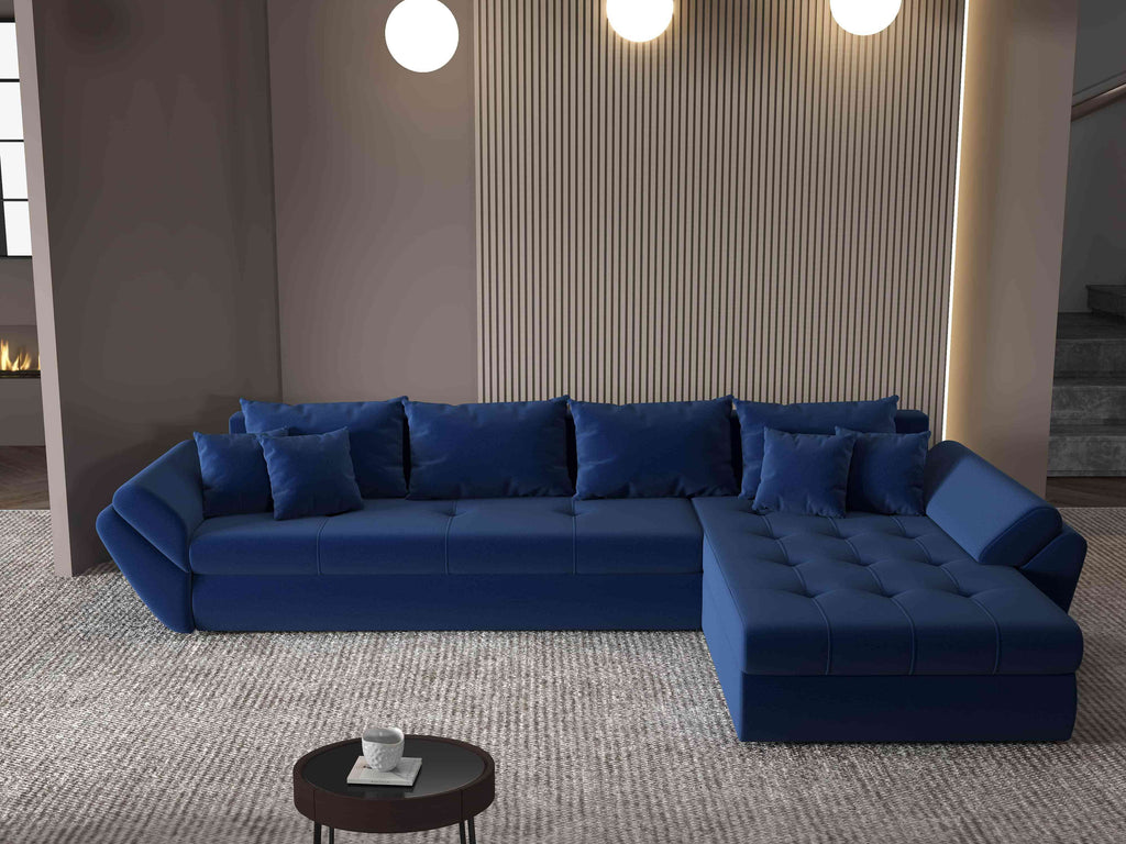Colțar extensibil dumonde cu ladă de depozitare si sezut confortabil din spuma high-density, Loana XL Royal Albastru II 335x185 cm