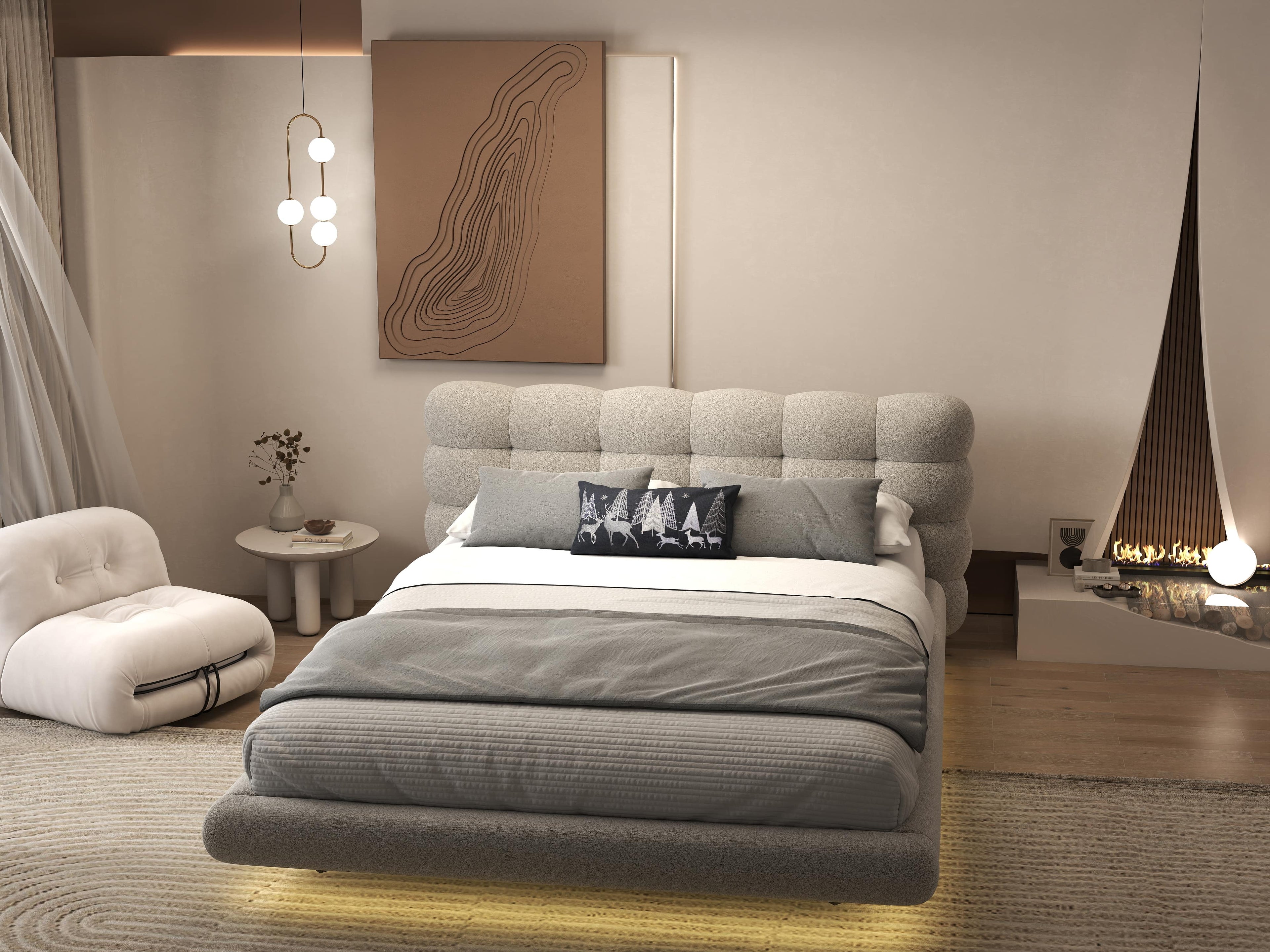 Pat dormitor dumonde, tapitat bej cu LED, "floating bed" Cloud 160x200 cm, somiera inclusa