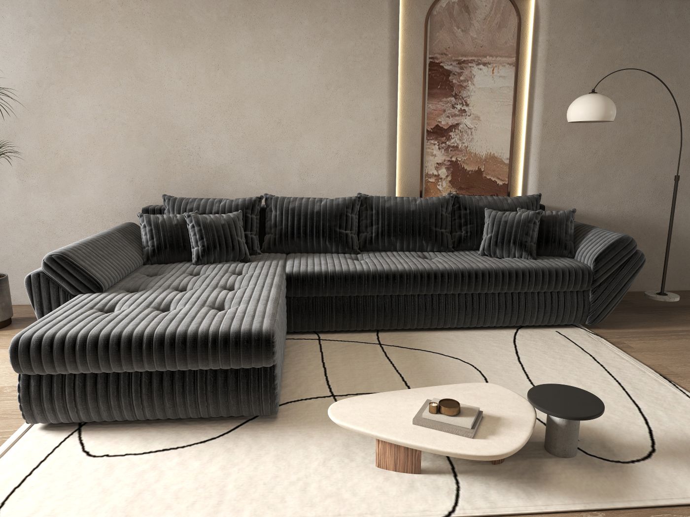 Colțar extensibil dumonde cu ladă de depozitare si sezut confortabil din spuma high-density, Loana XL Ambience Gri 335x185 cm