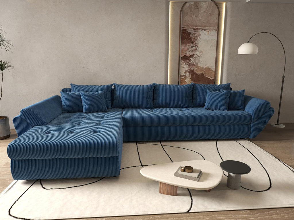 Colțar extensibil dumonde cu ladă de depozitare si sezut confortabil din spuma high-density, Loana XL Zoom Albastru 335x185 cm