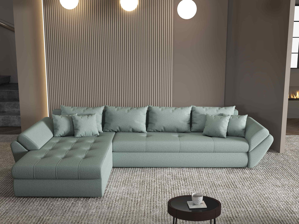 Colțar extensibil dumonde cu ladă de depozitare si sezut confortabil din spuma high-density, Loana XL Enjoy Mint 335x185 cm