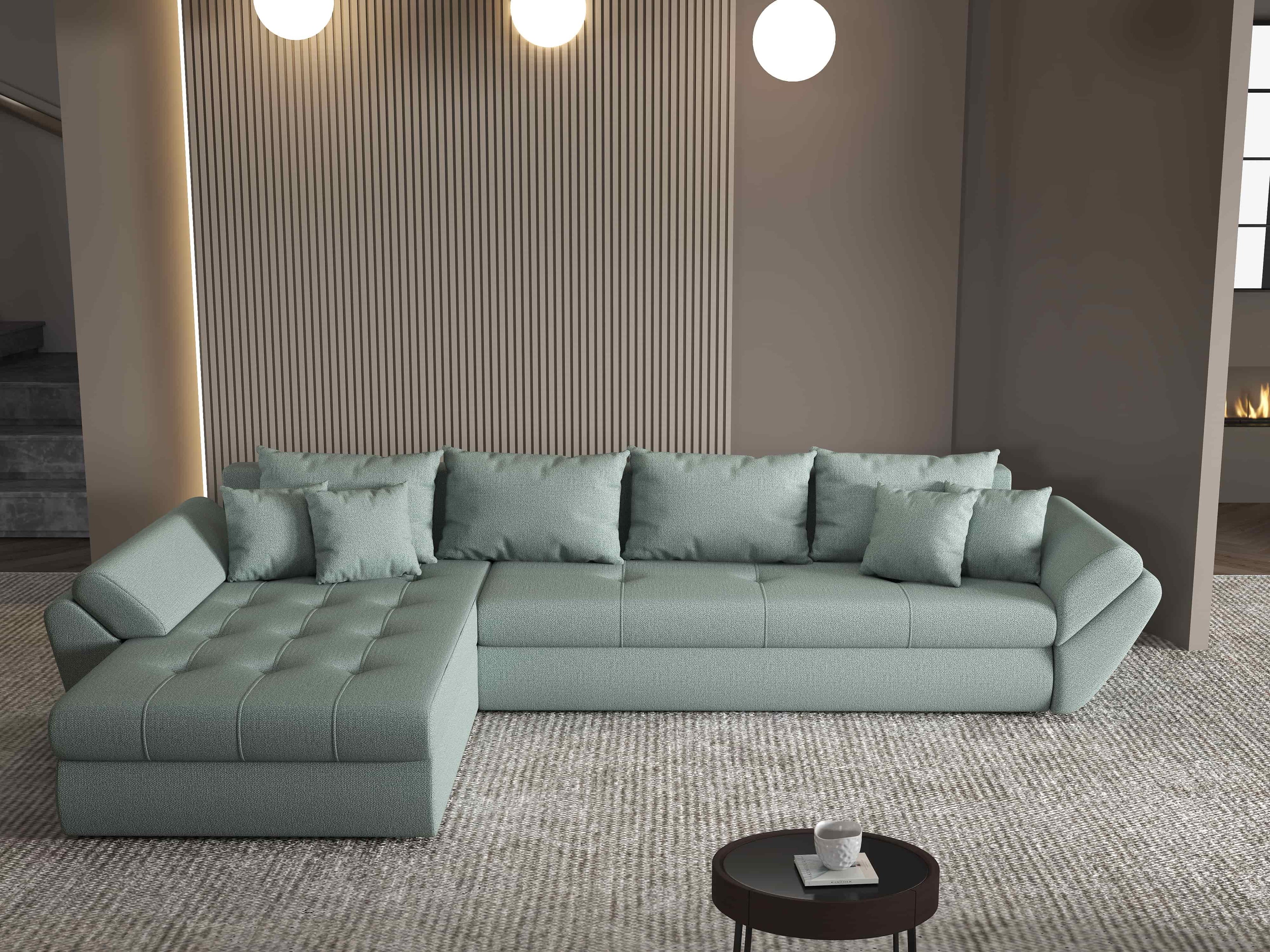 Colțar extensibil dumonde cu ladă de depozitare si sezut confortabil din spuma high-density, Loana XL Enjoy Mint 335x185 cm