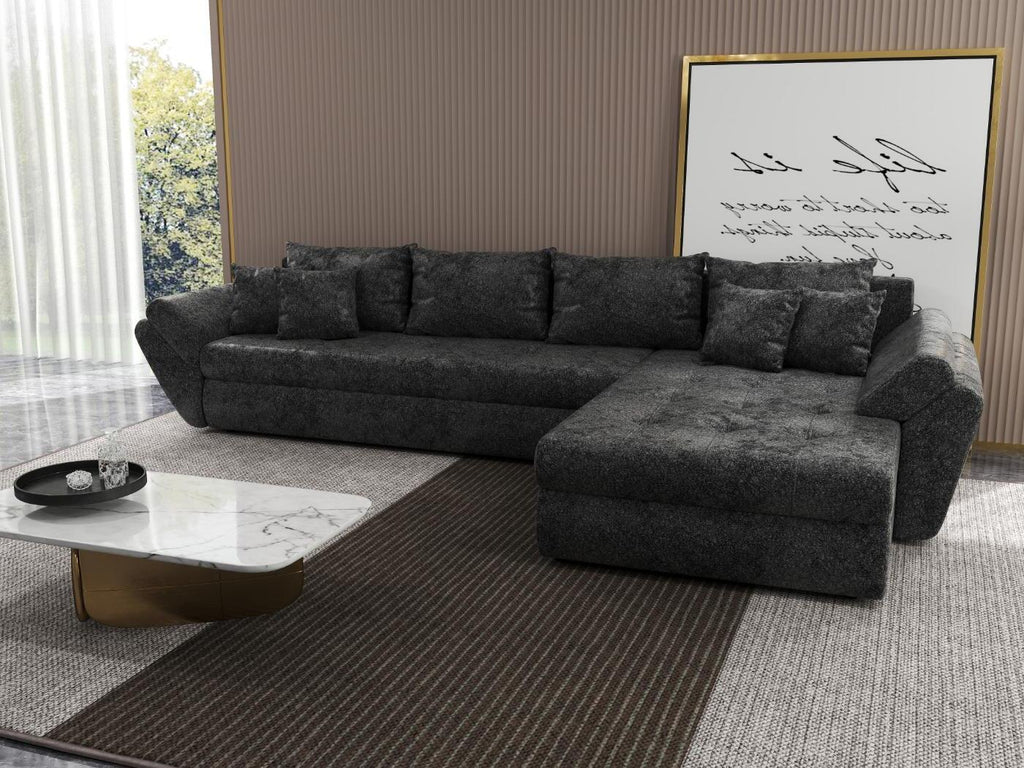 Colțar extensibil dumonde cu ladă de depozitare si sezut confortabil din spuma high-density, Loana XL Euphoria Negru II 335x185 cm