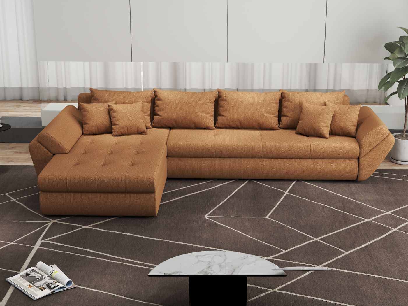 Colțar extensibil dumonde cu ladă de depozitare si sezut confortabil din spuma high-density, Loana XL Enjoy Mango 335x185 cm