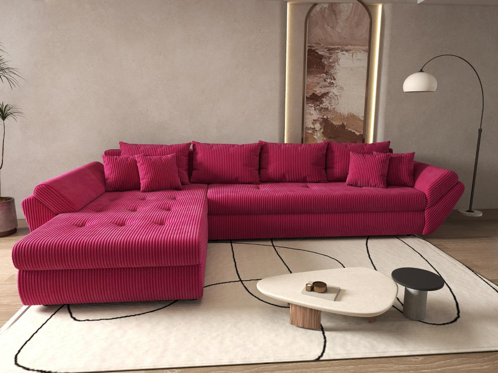 Colțar extensibil dumonde cu ladă de depozitare si sezut confortabil din spuma high-density, Loana XL Zoom Rosu 335x185 cm