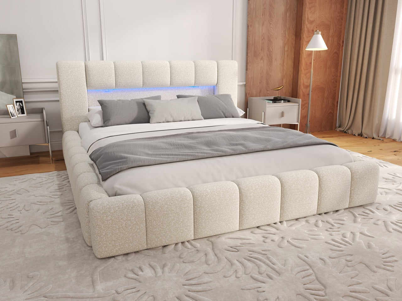 Pat dormitor dumonde, tapitat bej cu LED si USB, Palermo 160x200 cm, somiera rabatabila inclusa, spatiu depozitare
