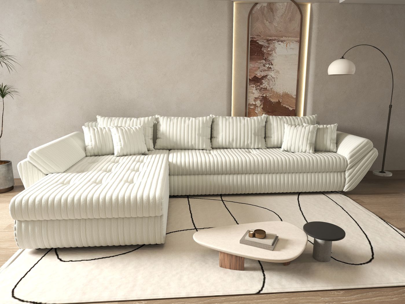 Colțar extensibil dumonde cu ladă de depozitare si sezut confortabil din spuma high-density, Loana XL Ambience Ivory 335x185 cm