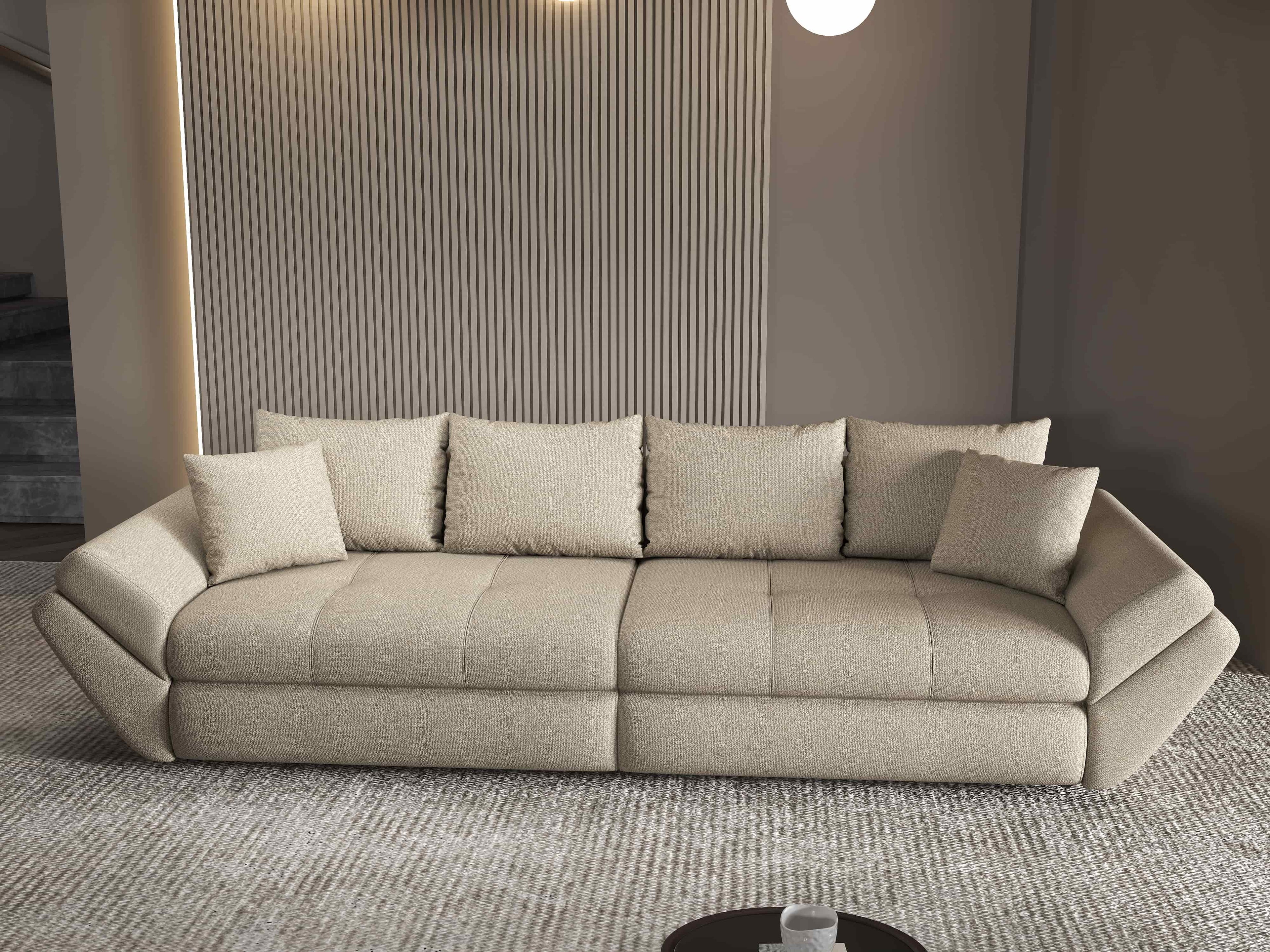 Canapea extensibilă dumonde cu ladă de depozitare si sezut confortabil din spuma high-density, Loana Enjoy Camel 300x100 cm