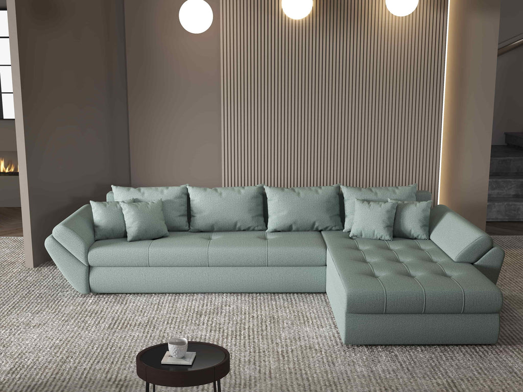 Colțar extensibil dumonde cu ladă de depozitare si sezut confortabil din spuma high-density, Loana XL Enjoy Mint II 335x185 cm