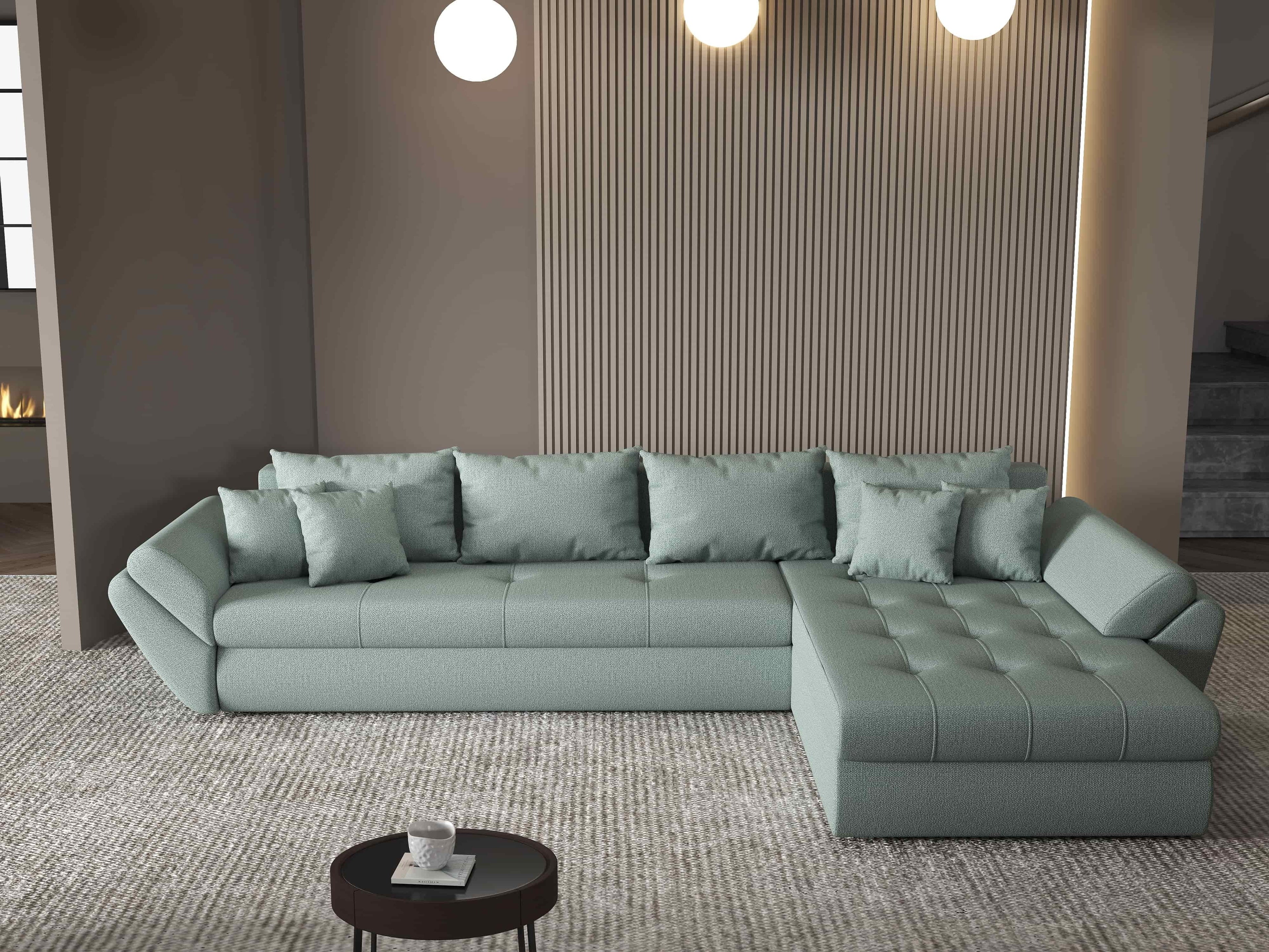 Colțar extensibil dumonde cu ladă de depozitare si sezut confortabil din spuma high-density, Loana XL Enjoy Mint II 335x185 cm