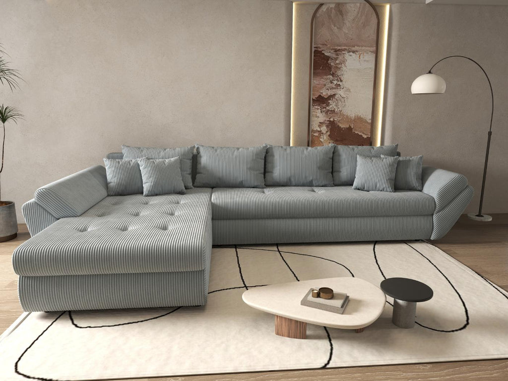 Colțar extensibil dumonde cu ladă de depozitare si sezut confortabil din spuma high-density, Loana XL Zoom Grey 335x185 cm