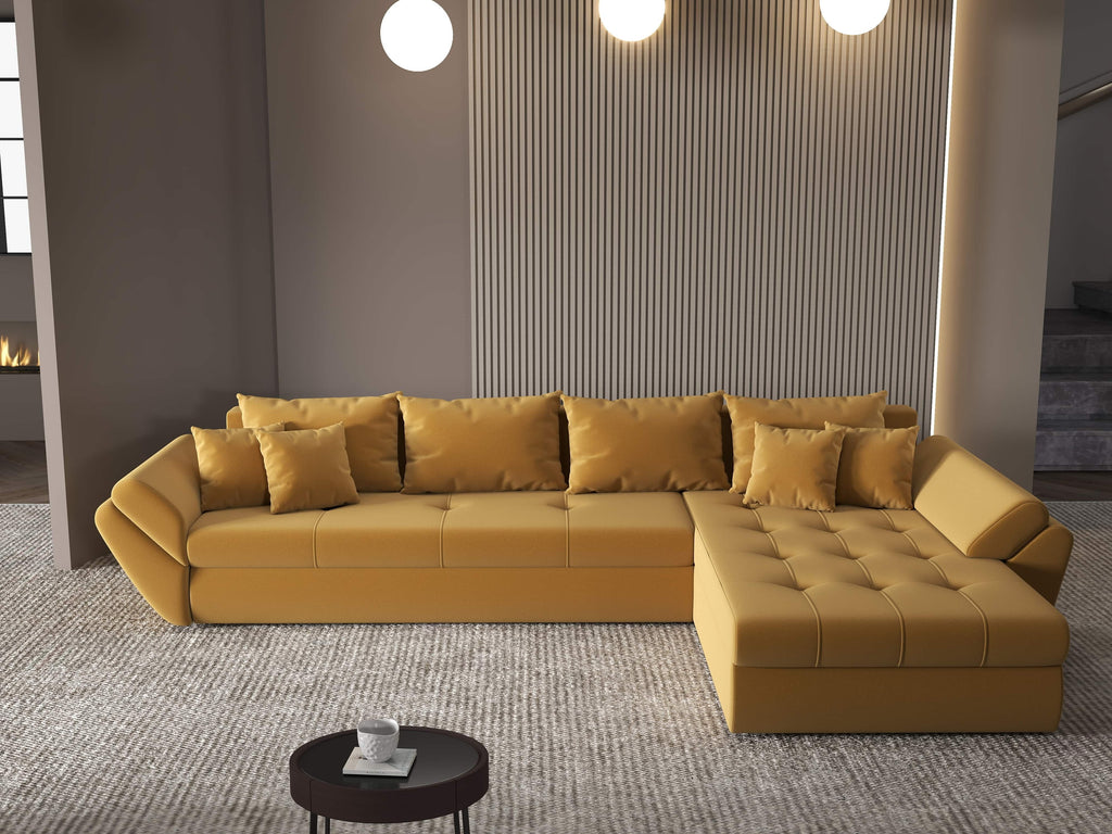 Colțar extensibil dumonde cu ladă de depozitare si sezut confortabil din spuma high-density, Loana XL Royal Mustar II 335x185 cm